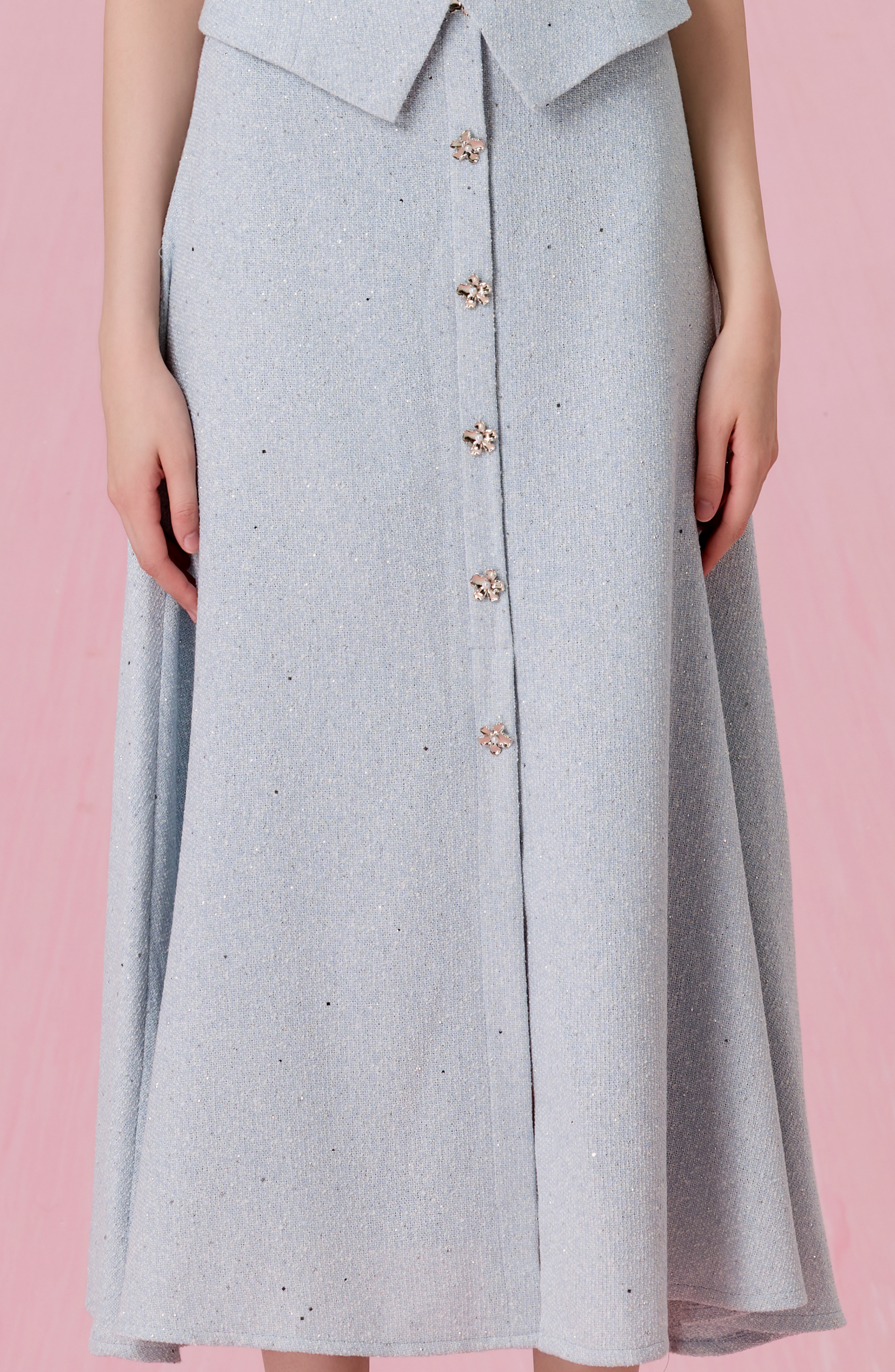 Claude Light Blue Tweed Button-Front A-Line Midi Skirt