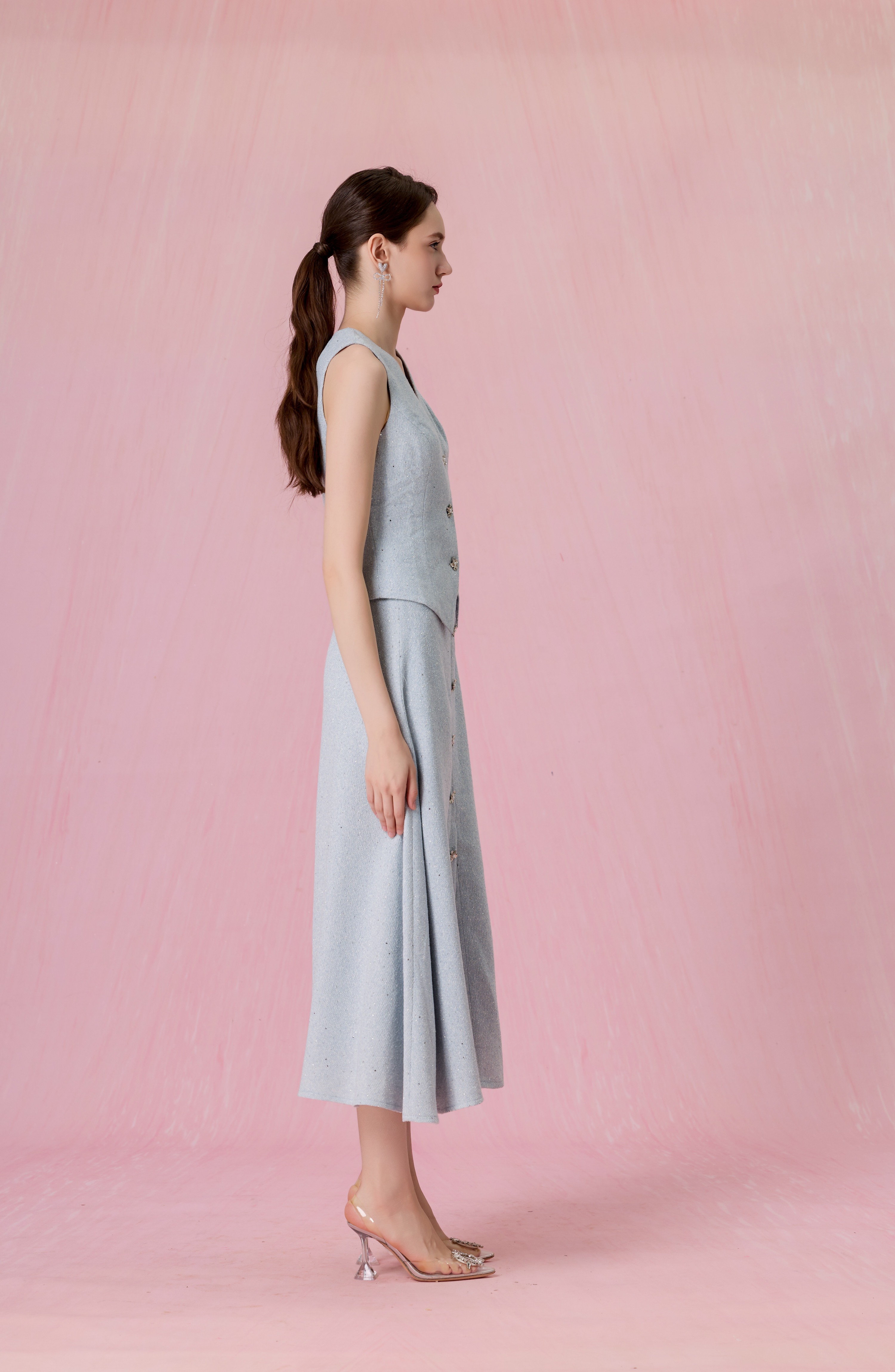 Claude Light Blue Tweed Button Front Vest Top