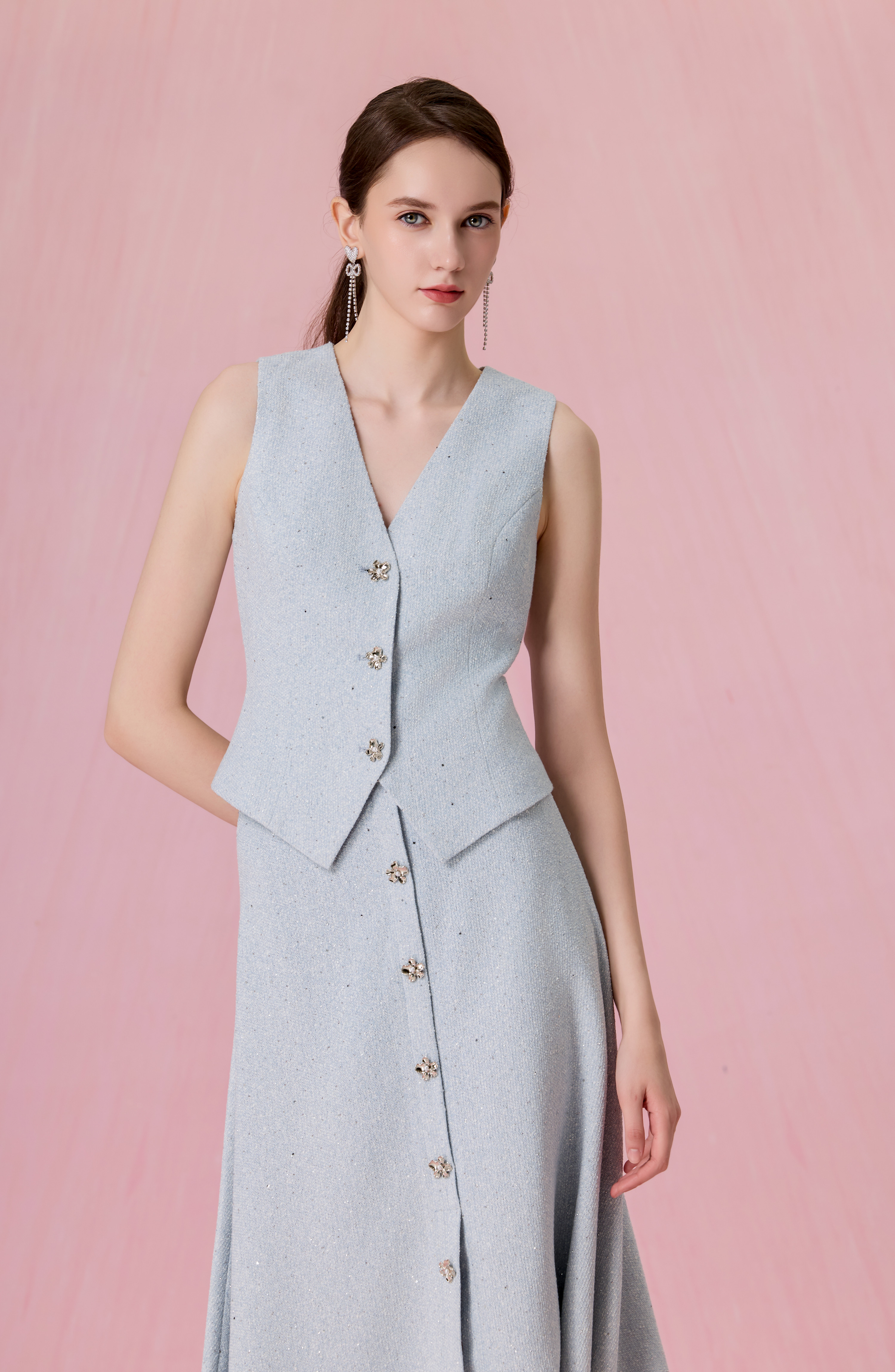 Claude Light Blue Tweed Button Front Vest Top