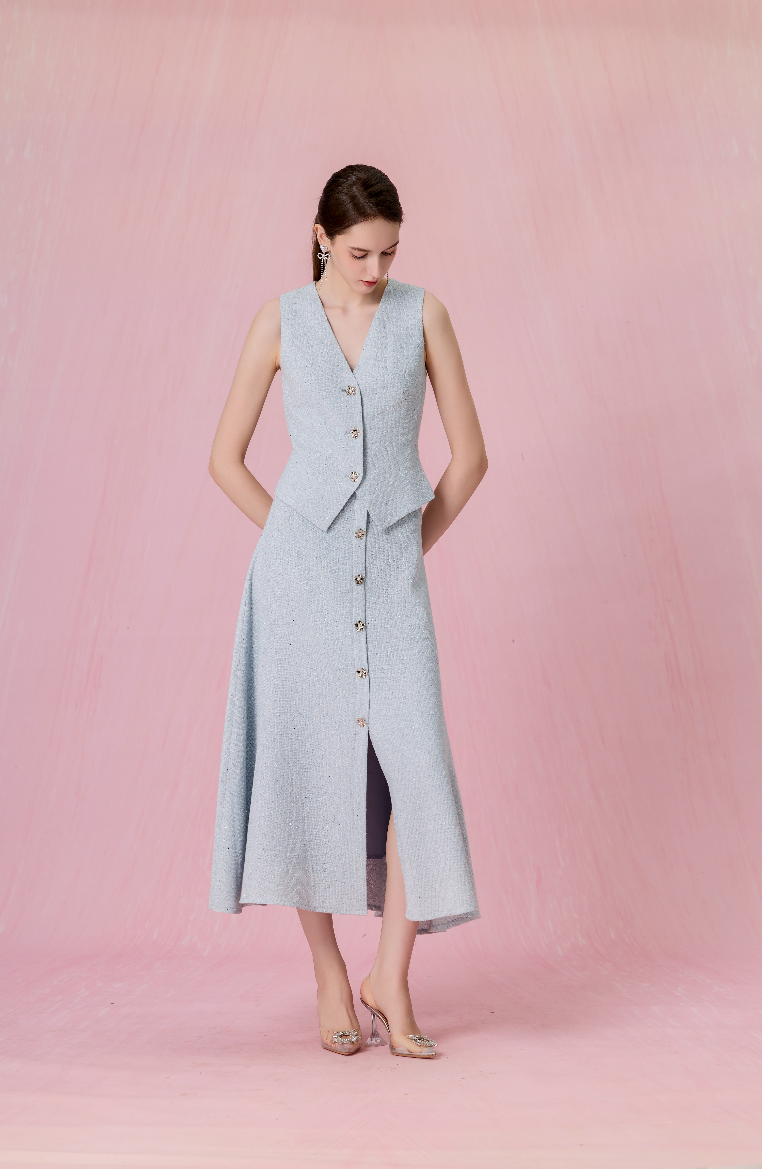 Claude Light Blue Tweed Button Front Vest Top