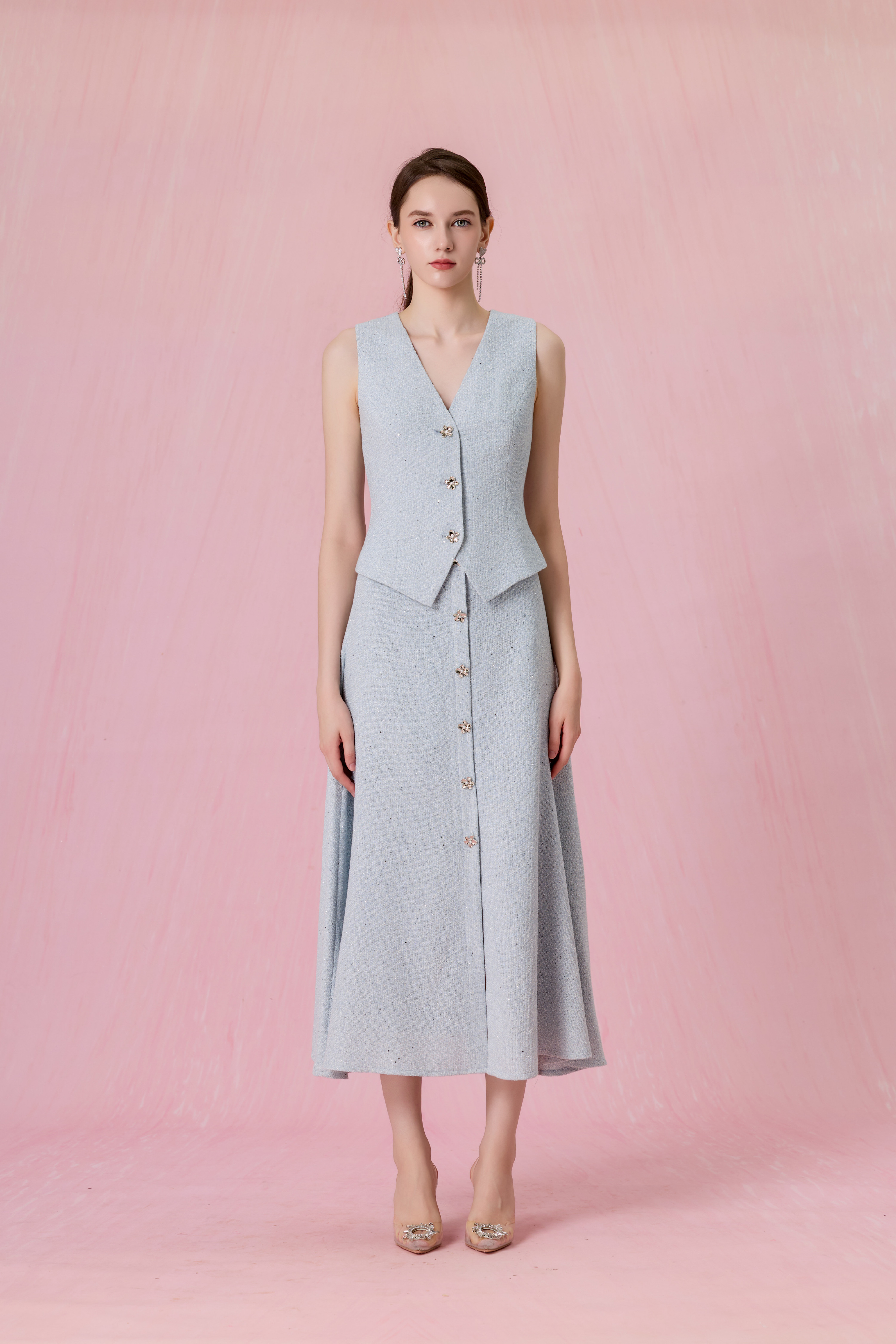Claude Light Blue Tweed Button-Front A-Line Midi Skirt