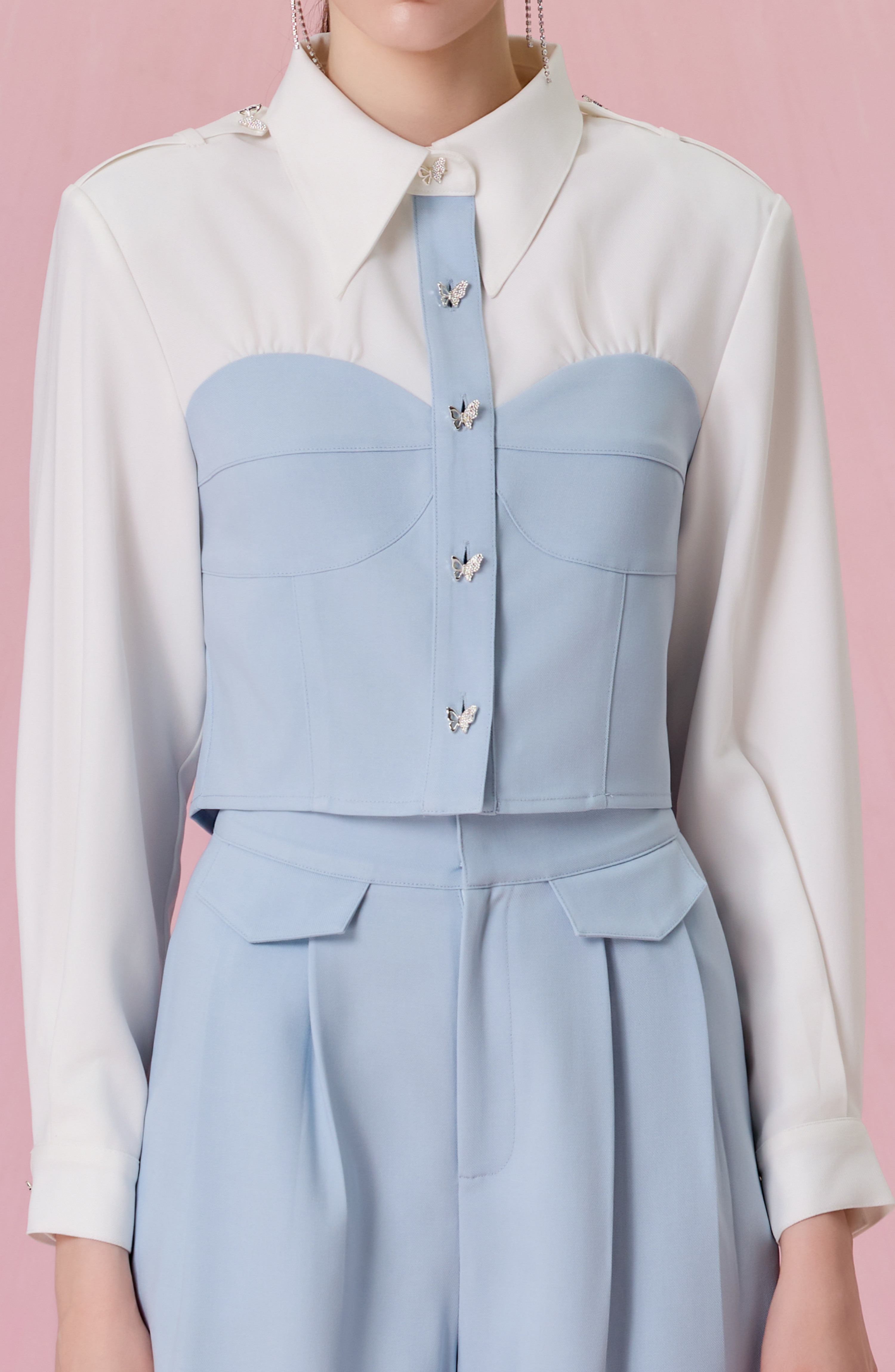 Cherisa Blue Contrast Panel Long Sleeve Top