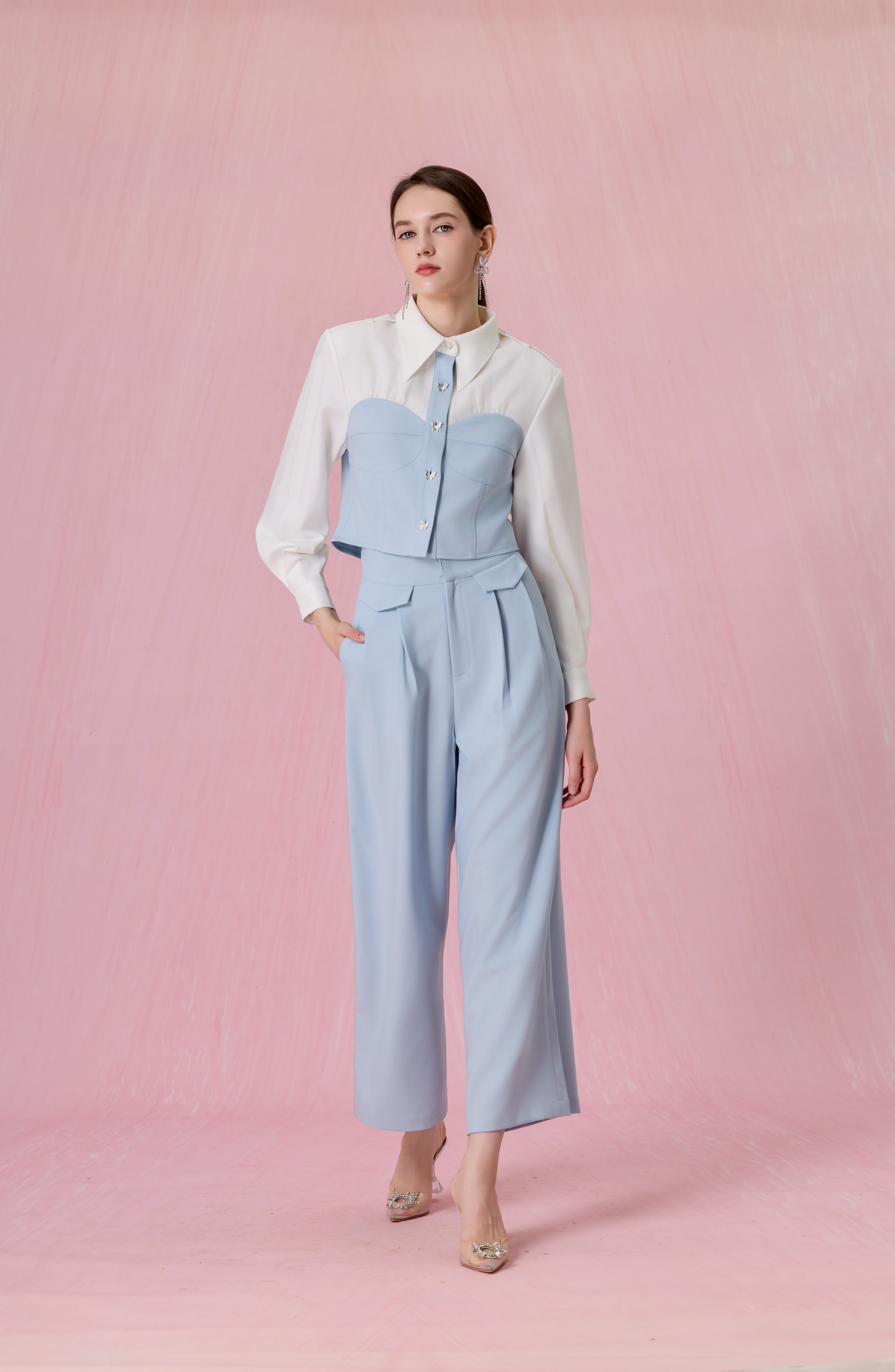 Cherisa Blue Contrast Panel Long Sleeve Top