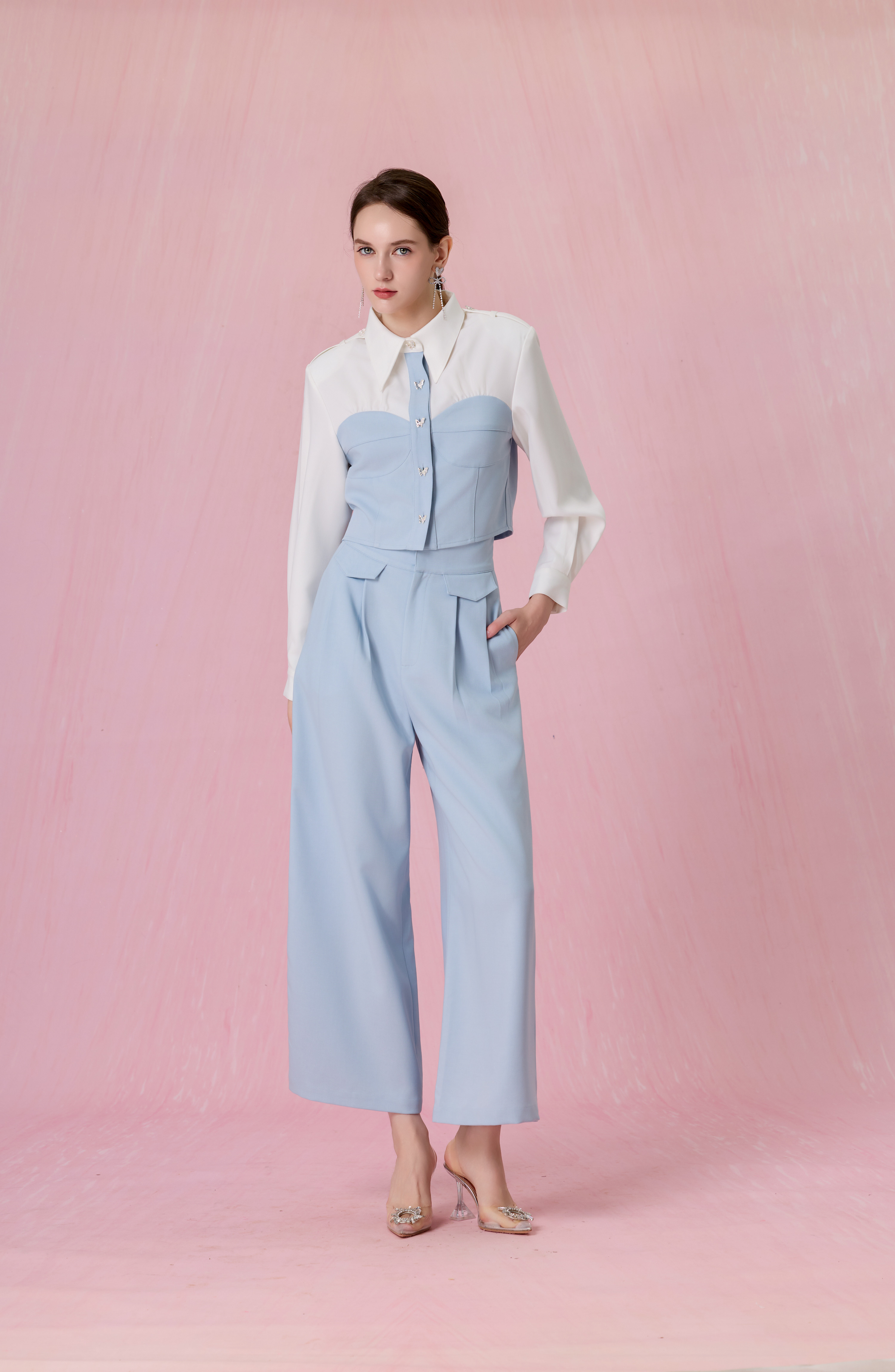 Cherisa Blue Contrast Panel Long Sleeve Top