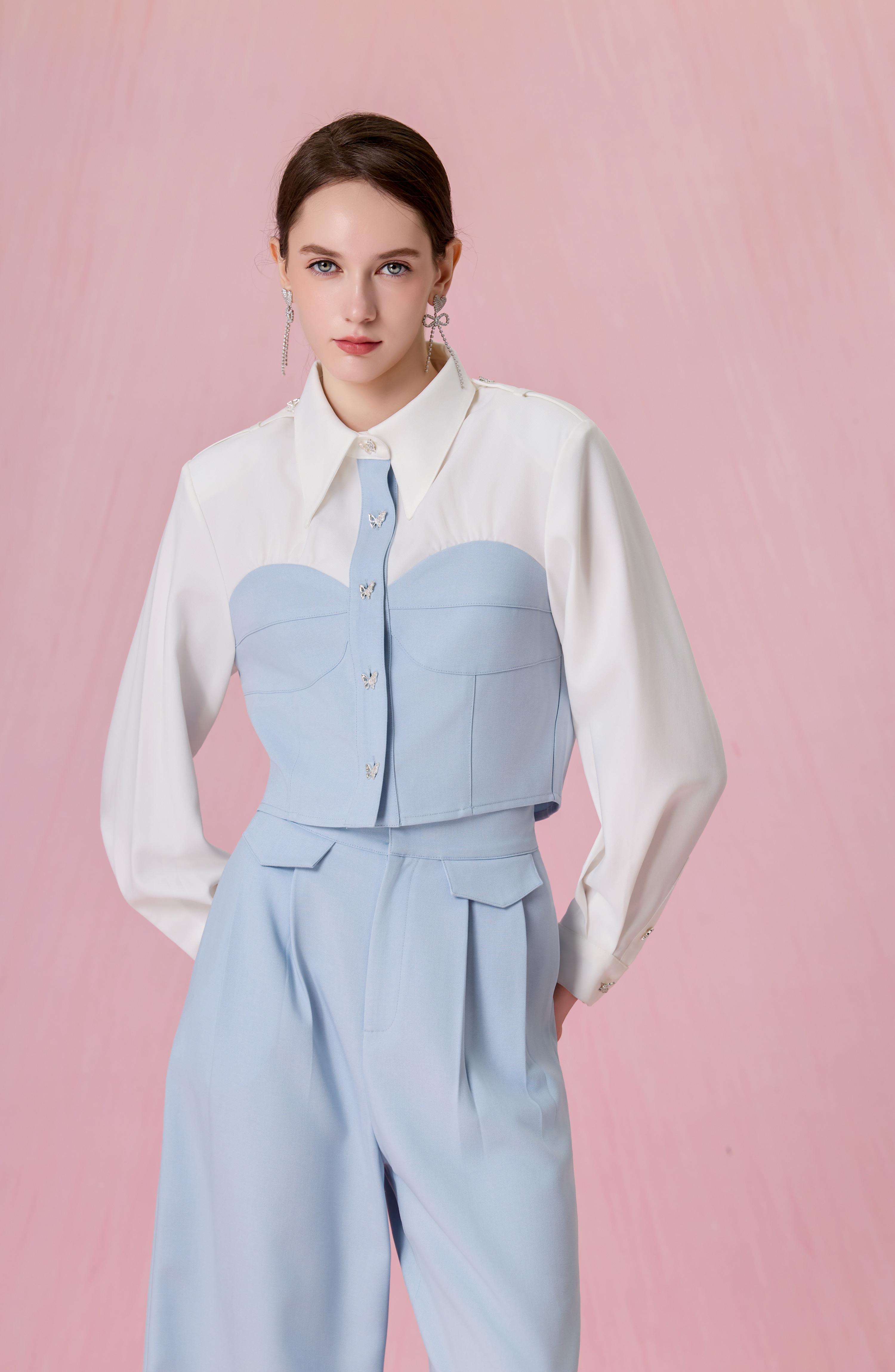 Cherisa Blue Contrast Panel Long Sleeve Top