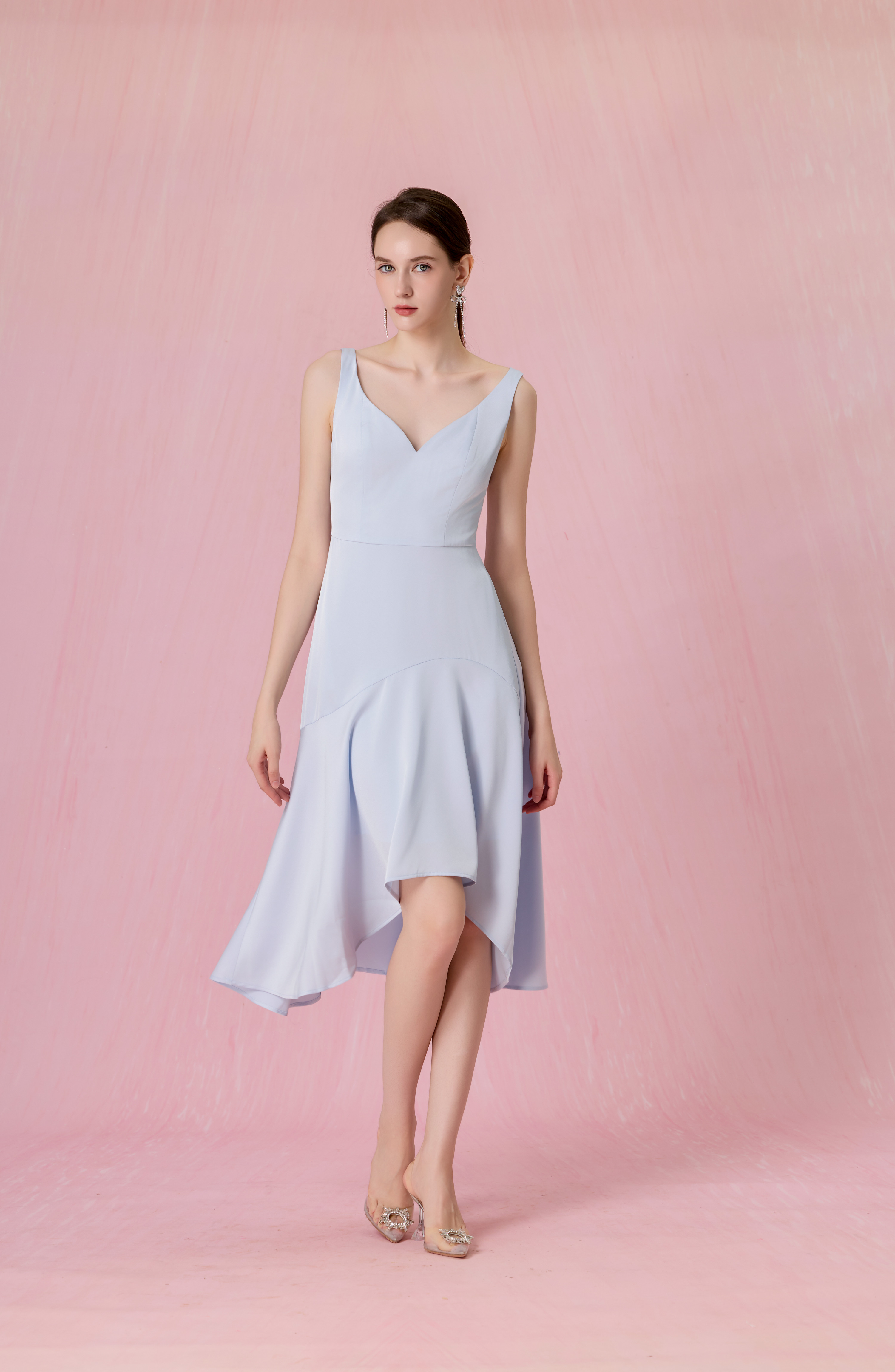 Cherilynne Sky Blue V-neck Asymmetrical Dress