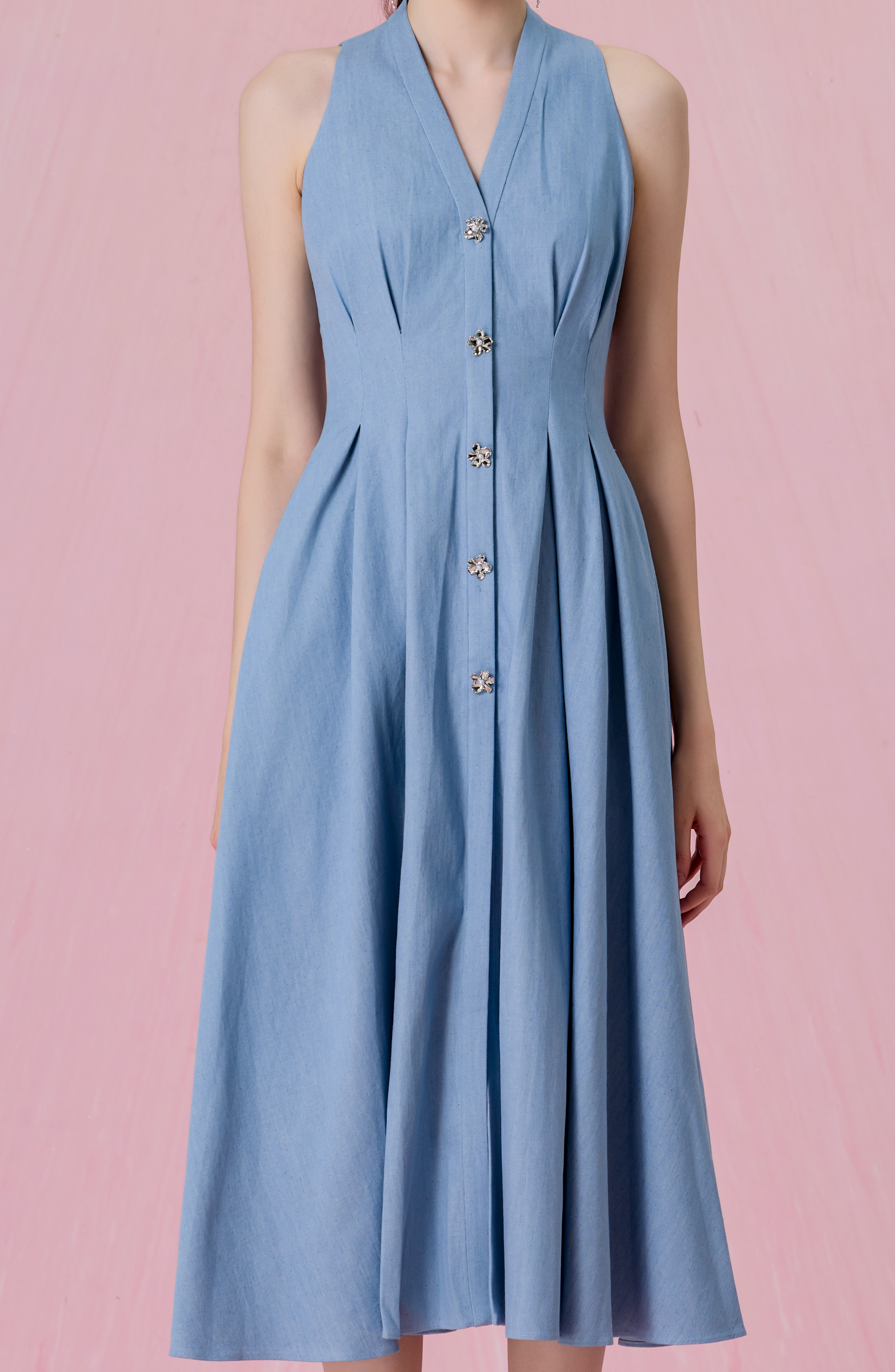 Cressentia Light Blue Denim Halter Pleated Midi Dress