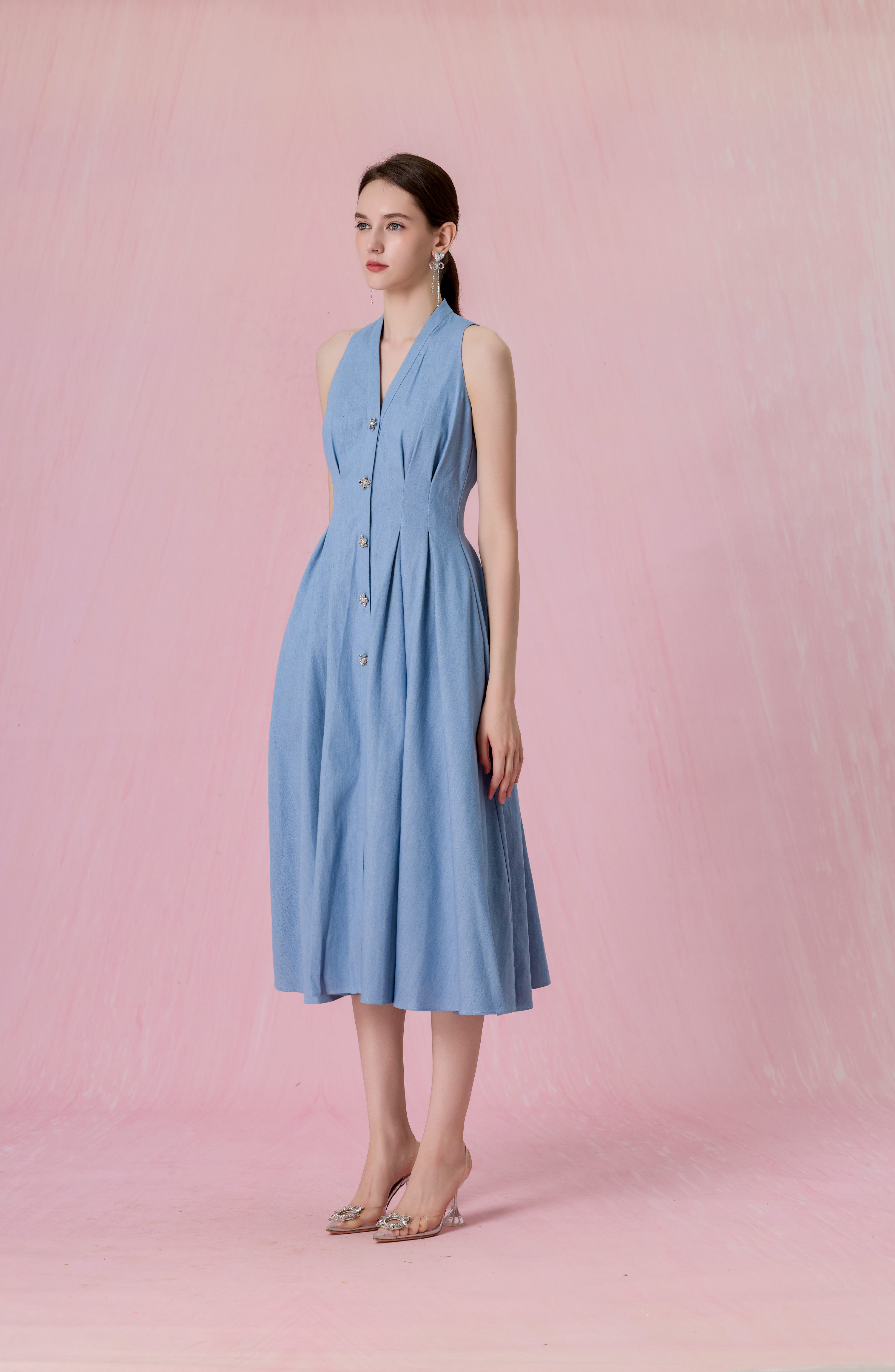 Cressentia Light Blue Denim Halter Pleated Midi Dress