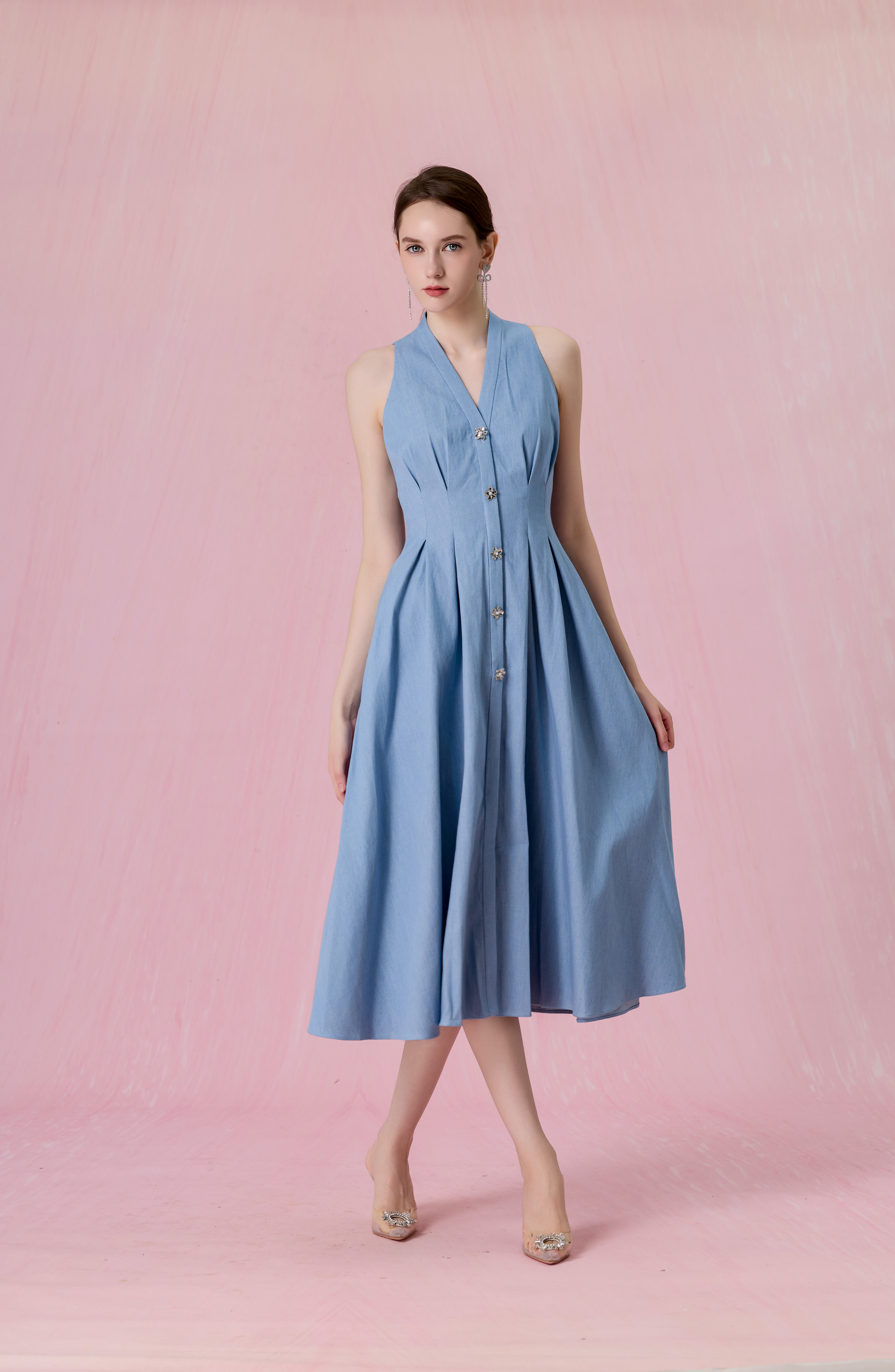 Cressentia Light Blue Denim Halter Pleated Midi Dress