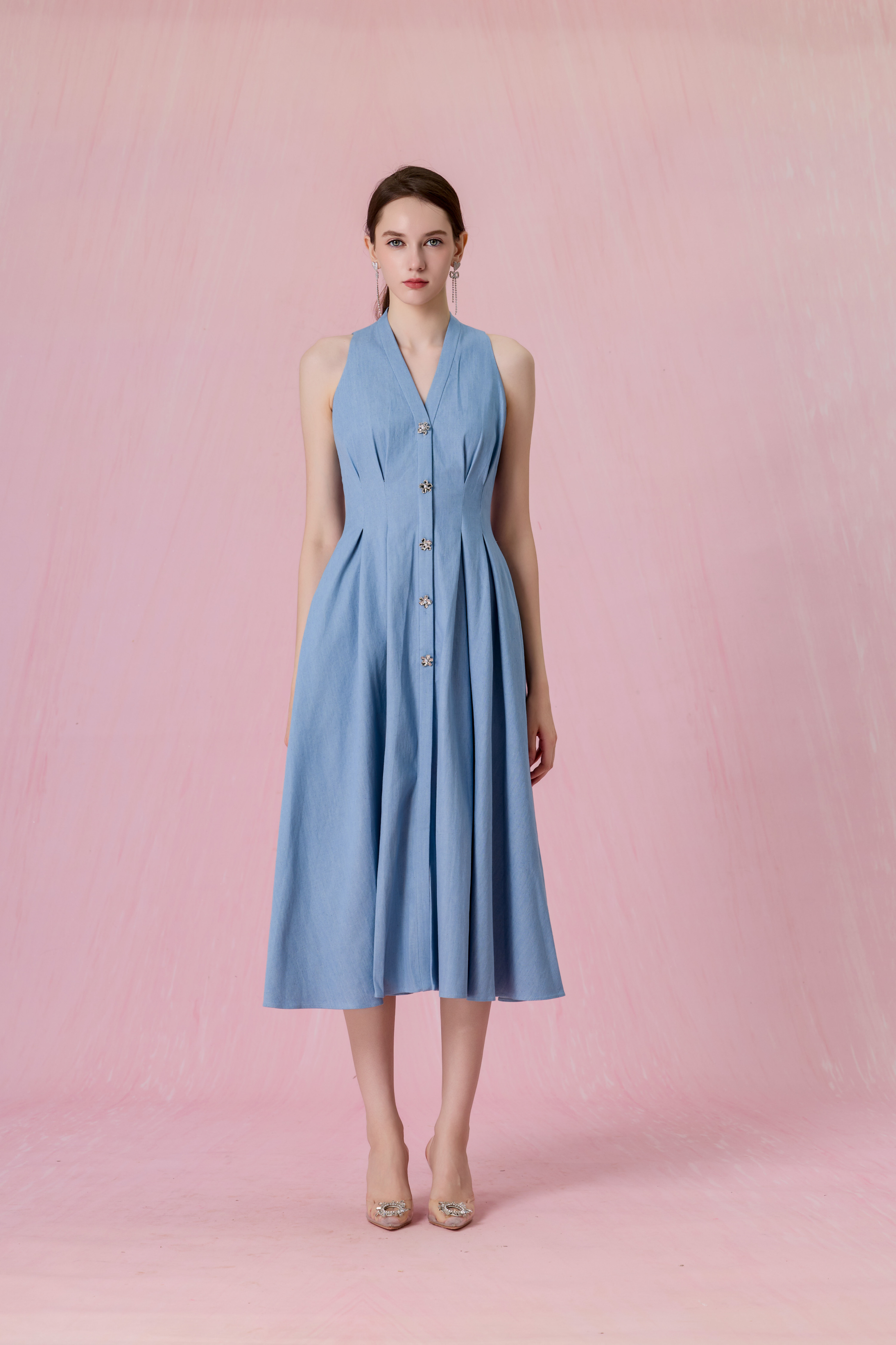 Cressentia Light Blue Denim Halter Pleated Midi Dress