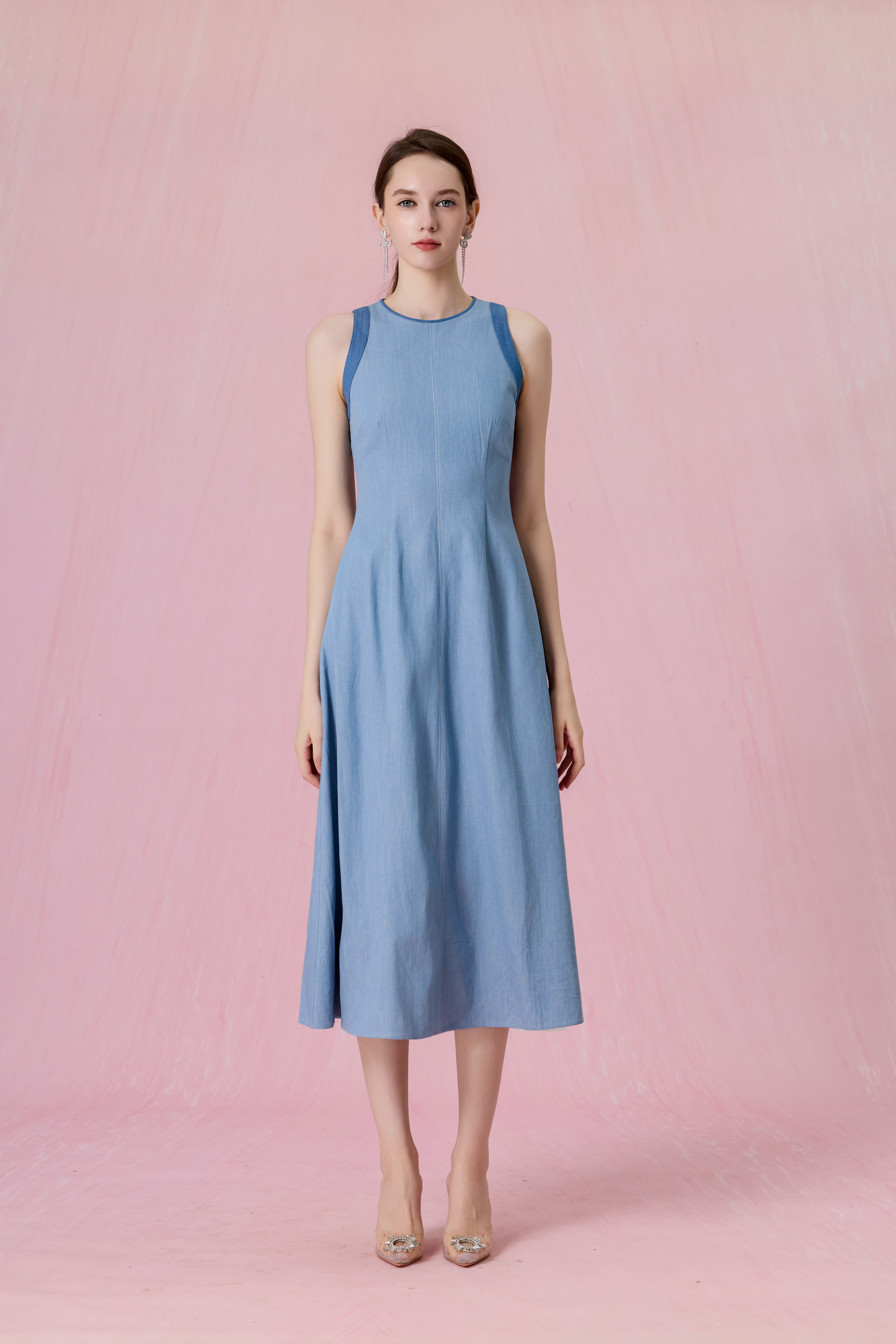 Cherye Light Blue Denim Contrast-Trim Midi Dress