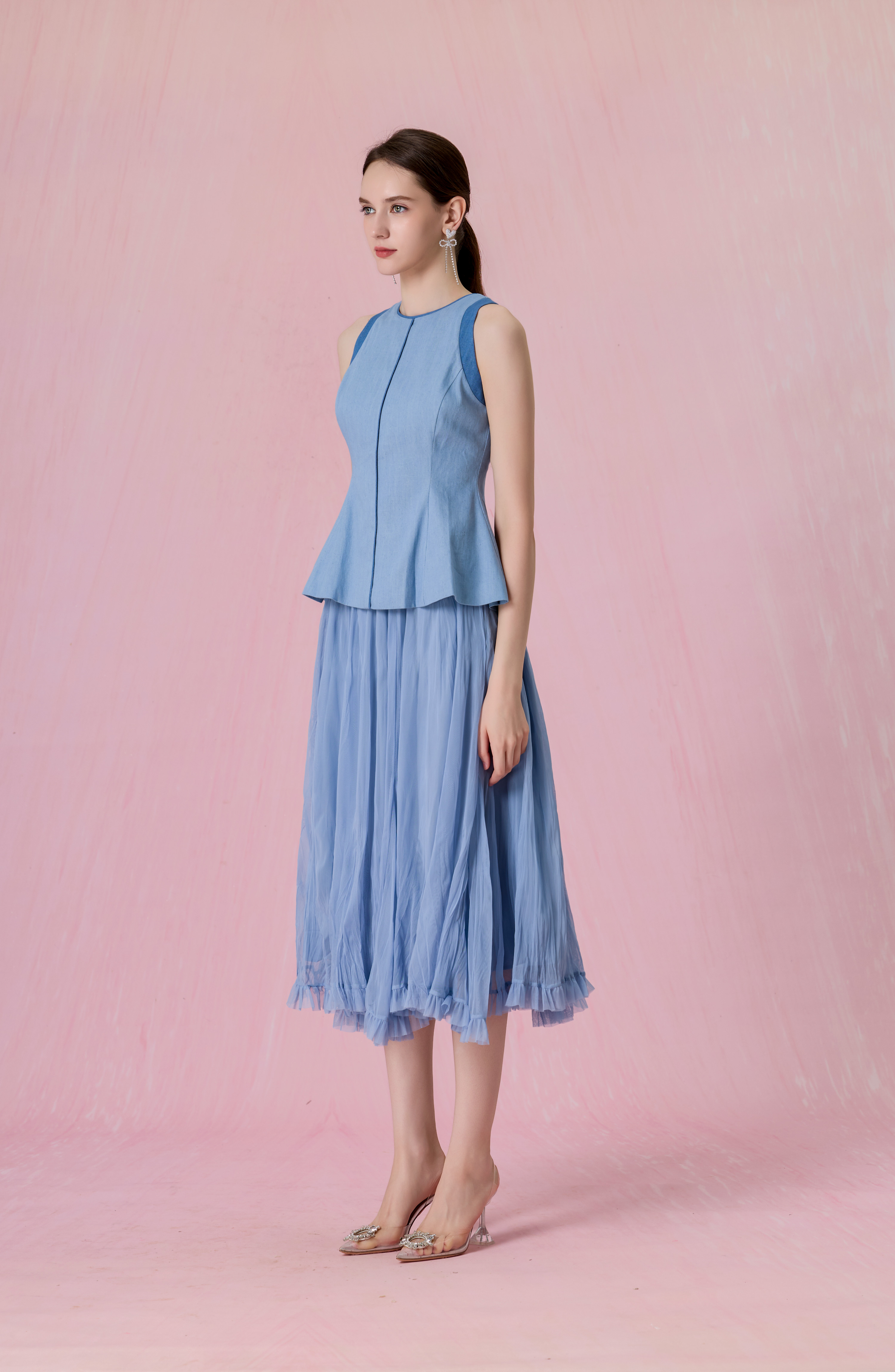 [Copy]Claude Light Blue Tweed Button-Front A-Line Midi Skirt