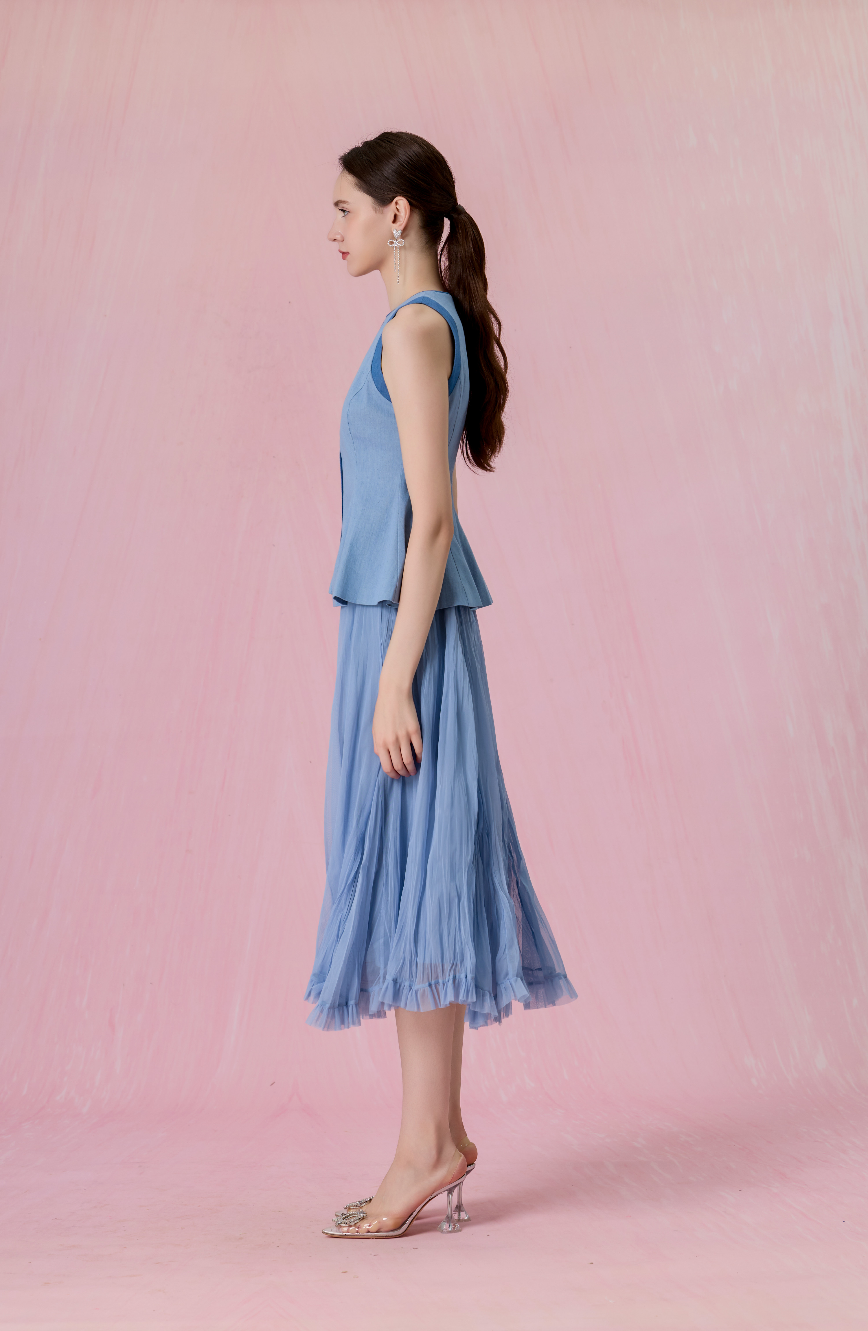 [Copy]Claude Light Blue Tweed Button-Front A-Line Midi Skirt