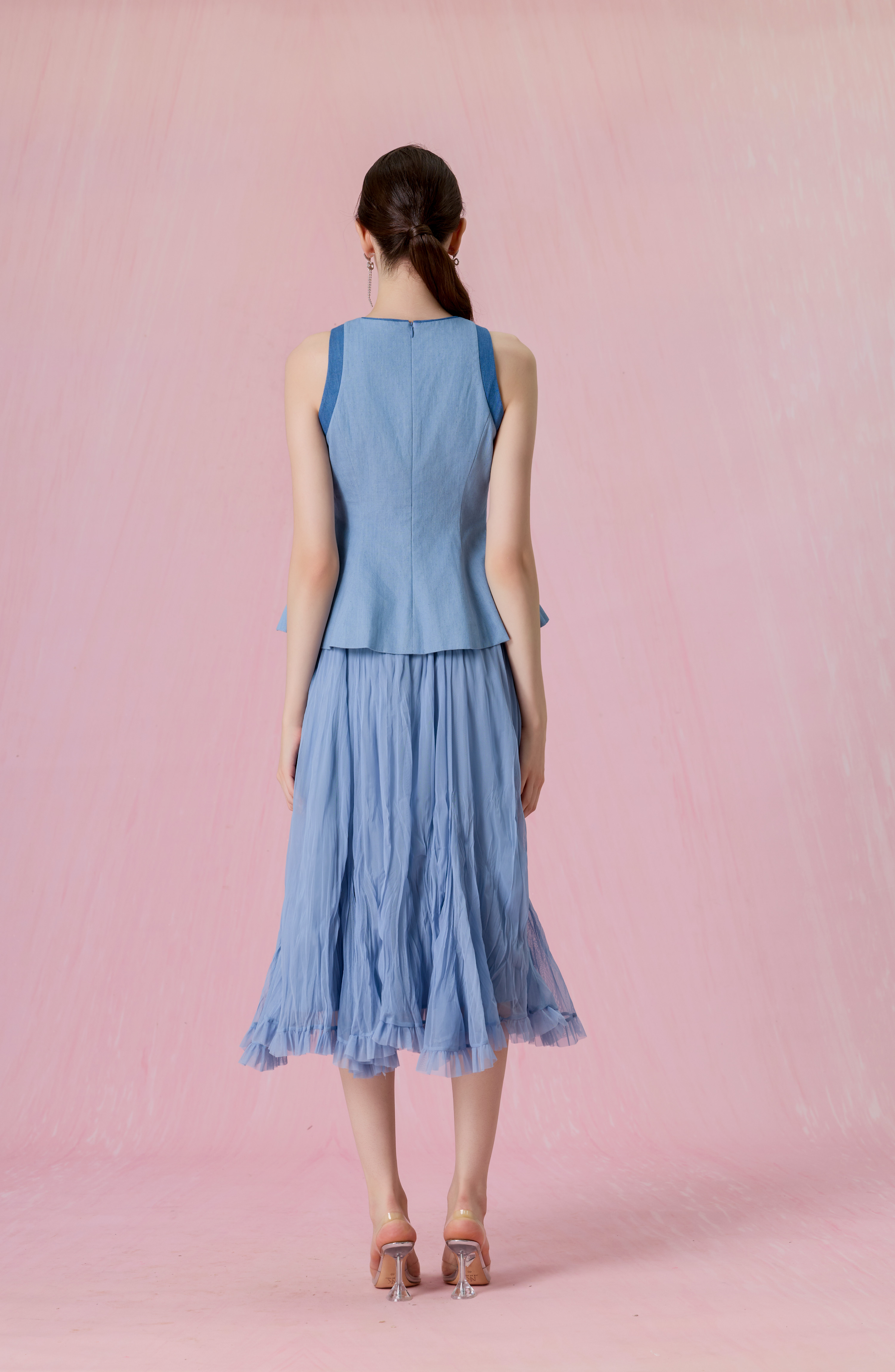 [Copy]Claude Light Blue Tweed Button-Front A-Line Midi Skirt
