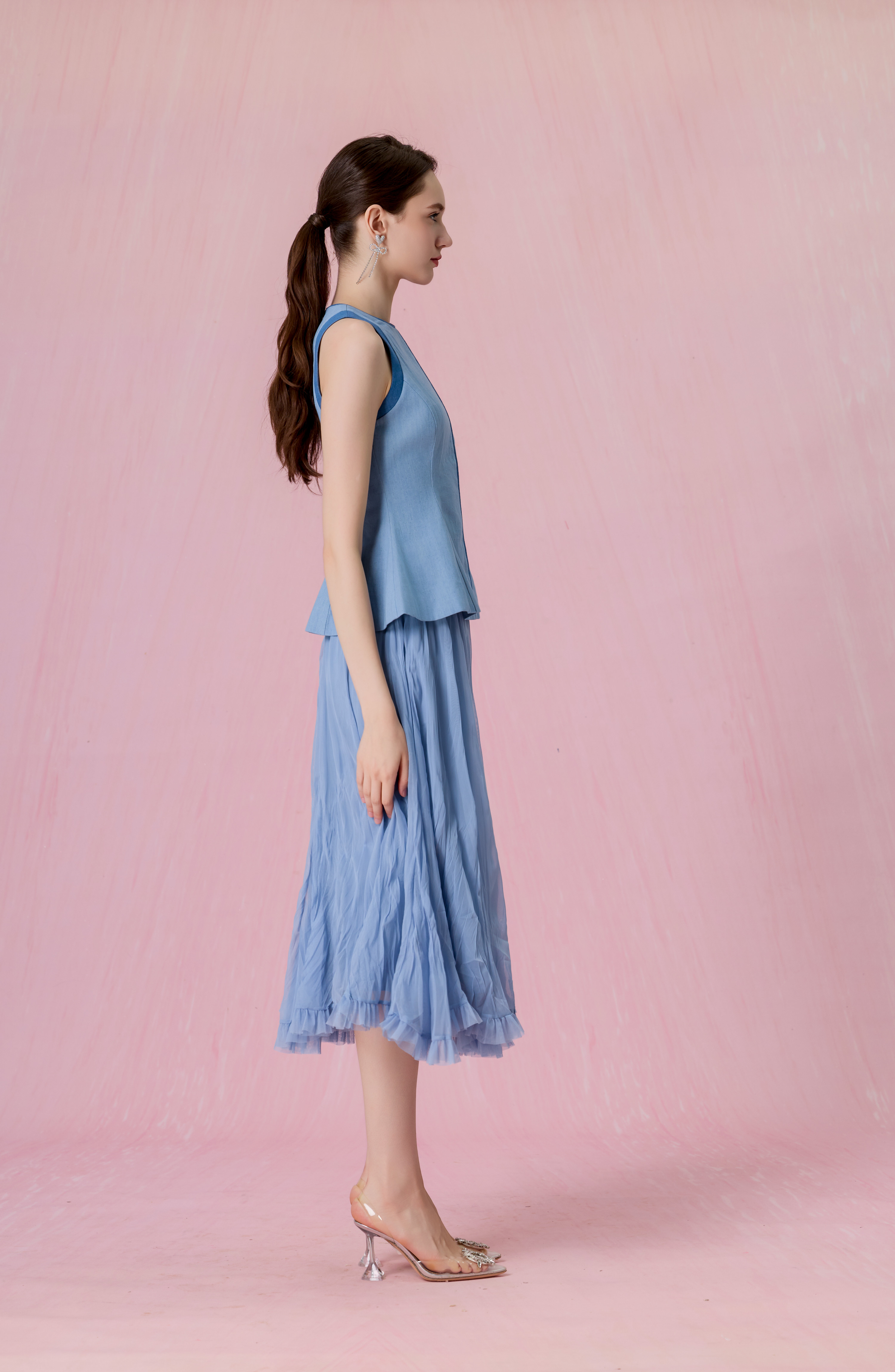 [Copy]Claude Light Blue Tweed Button-Front A-Line Midi Skirt