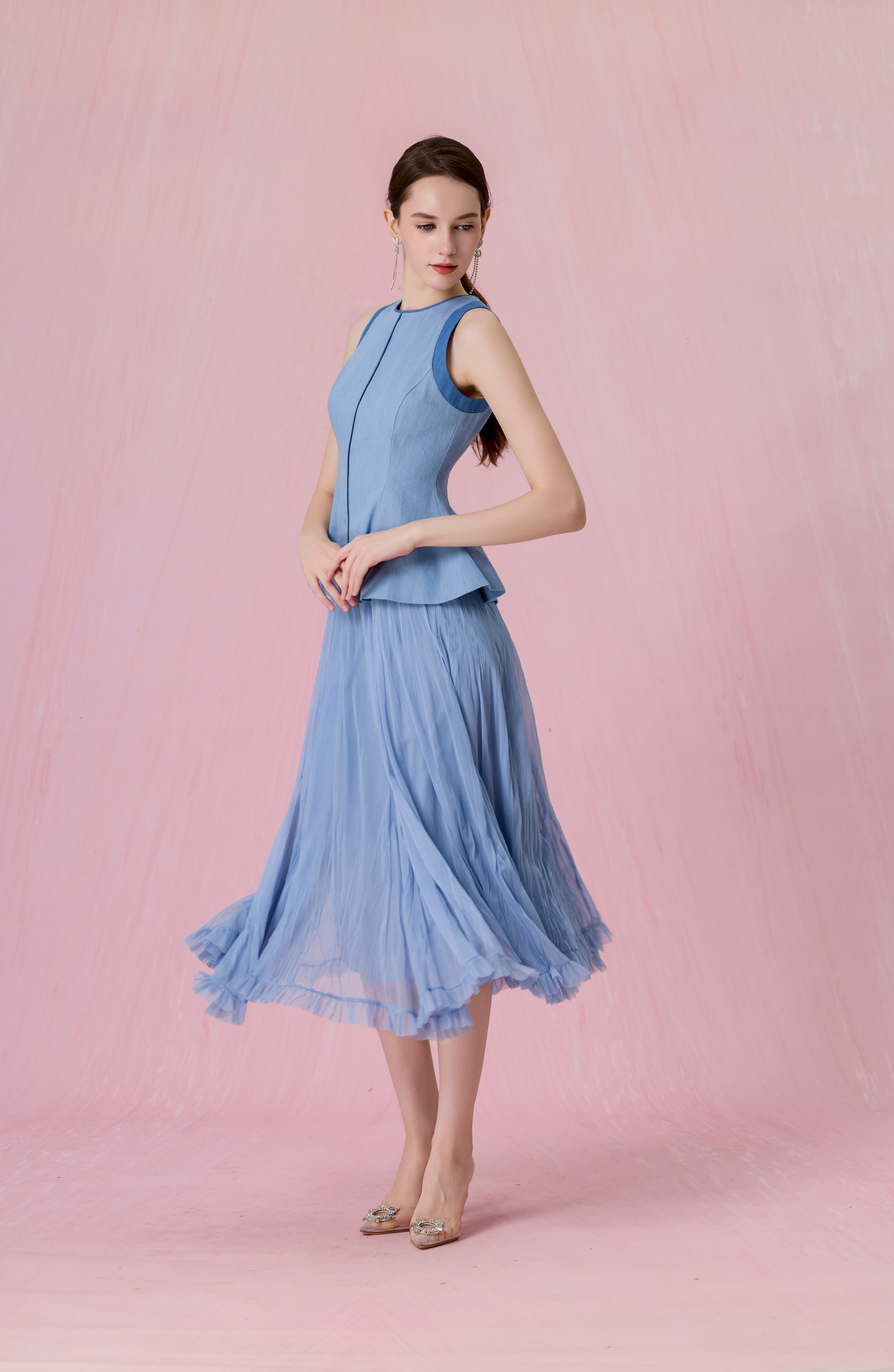 [Copy]Claude Light Blue Tweed Button-Front A-Line Midi Skirt