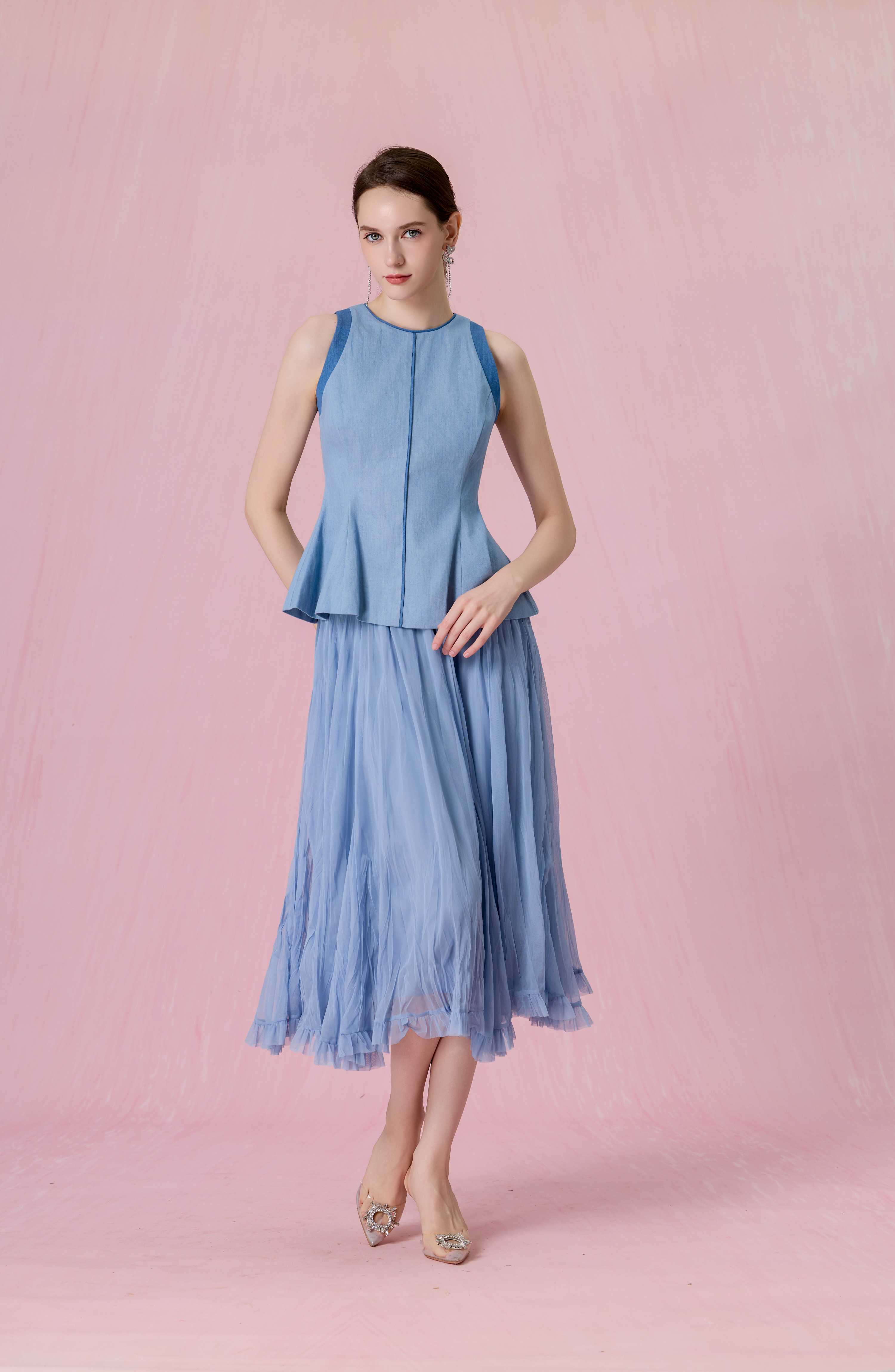 [Copy]Claude Light Blue Tweed Button-Front A-Line Midi Skirt