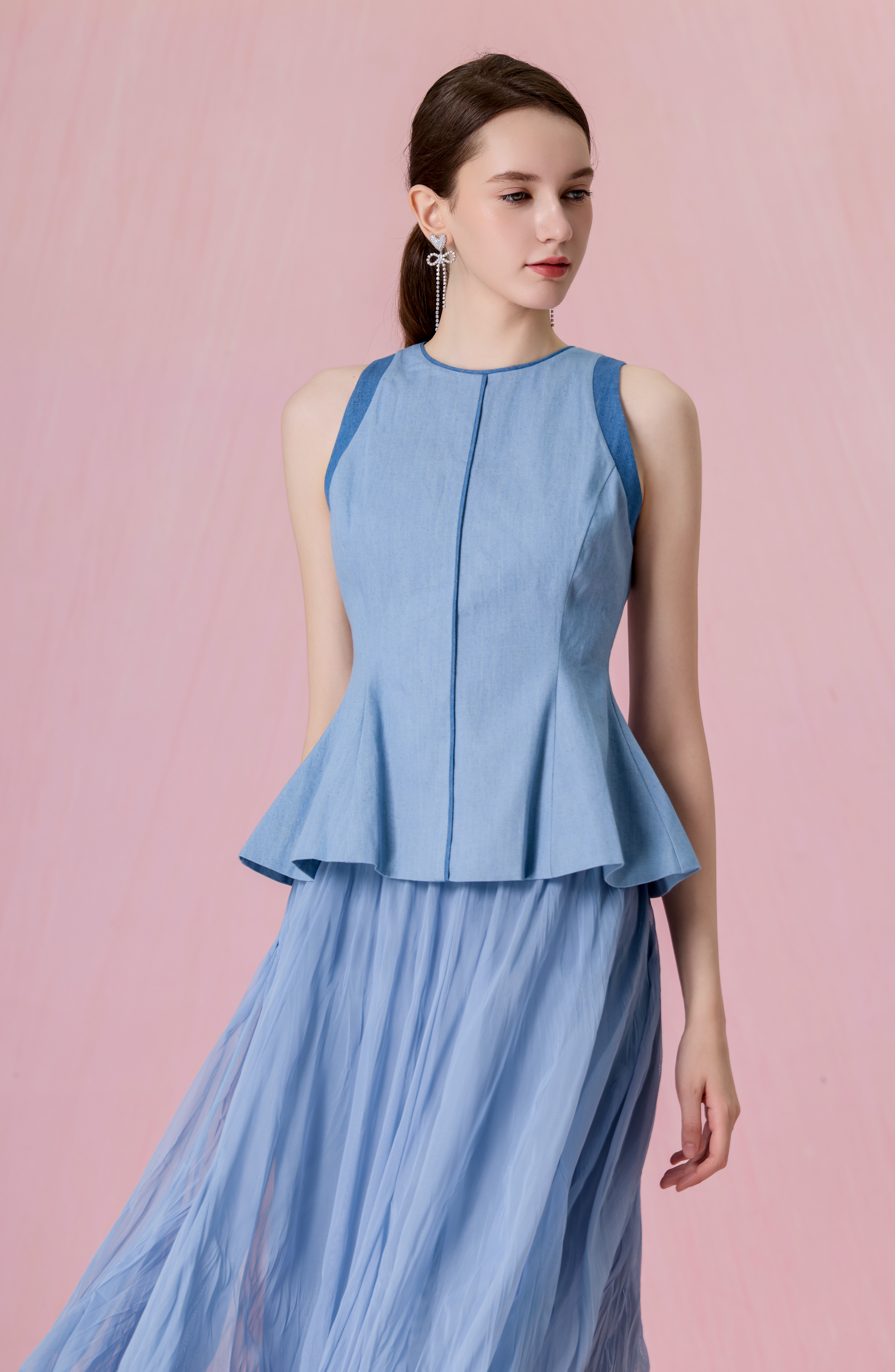 [Copy]Claude Light Blue Tweed Button-Front A-Line Midi Skirt
