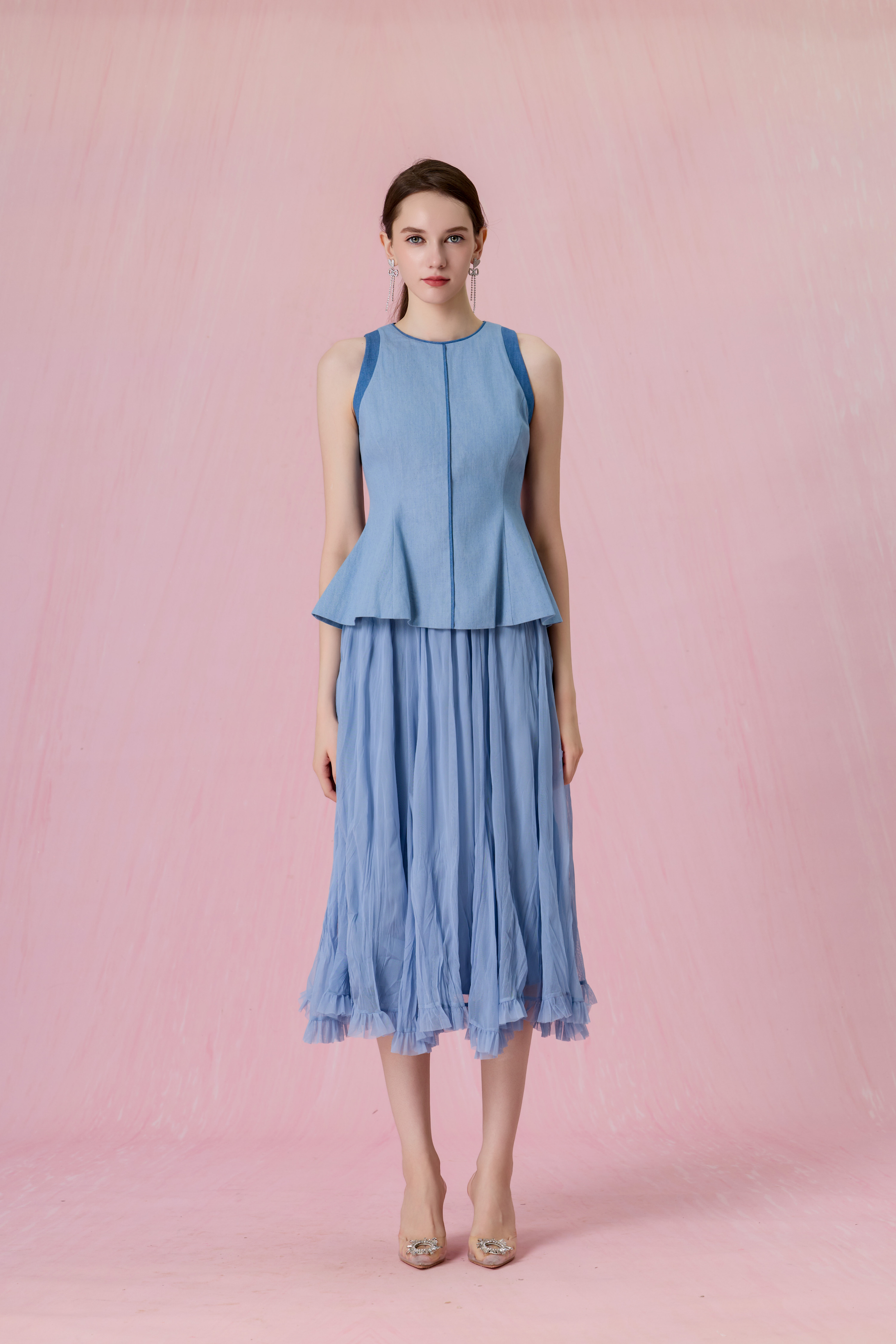 [Copy]Claude Light Blue Tweed Button-Front A-Line Midi Skirt