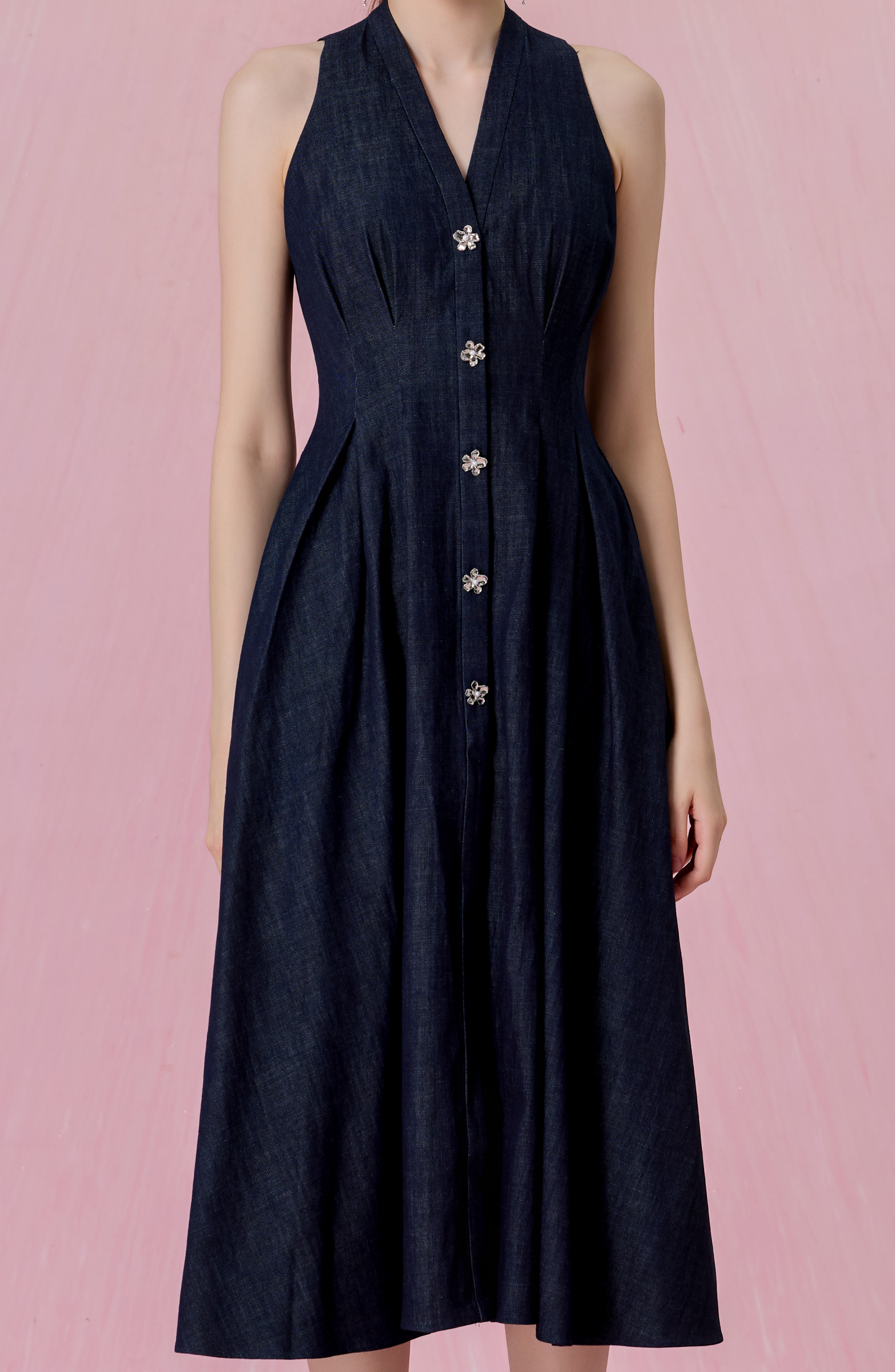 Cressentia Dark Blue Denim Halter Pleated Midi Dress