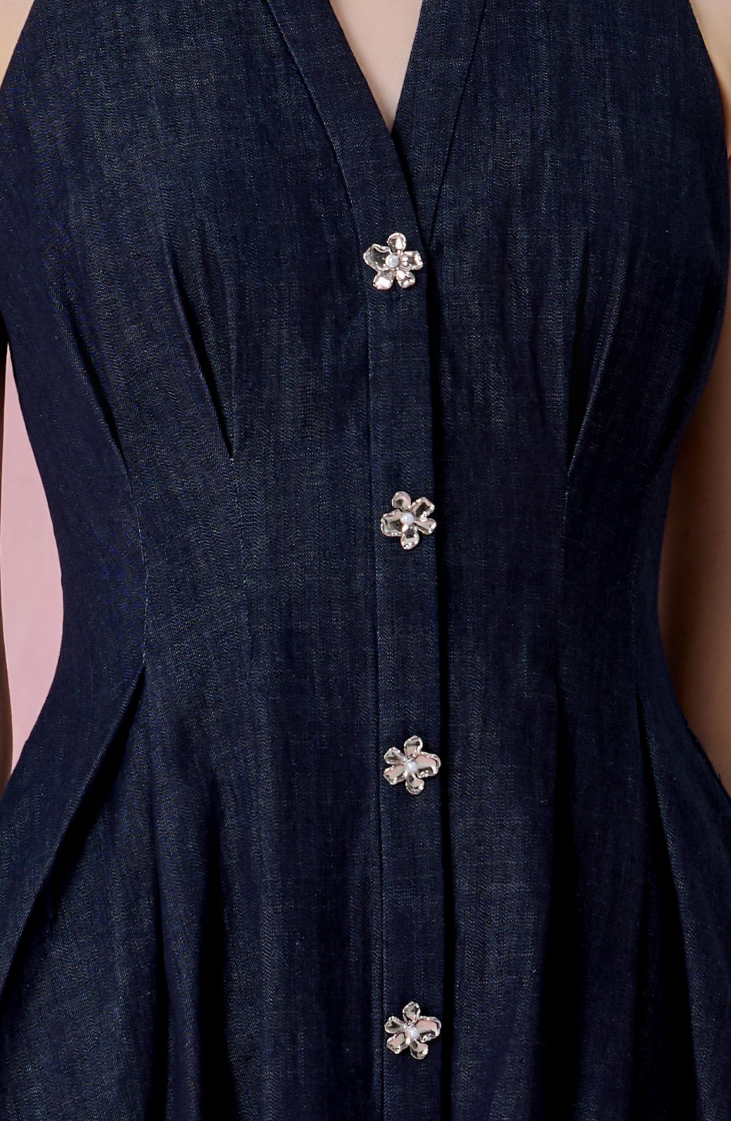 Cressentia Dark Blue Denim Halter Pleated Midi Dress