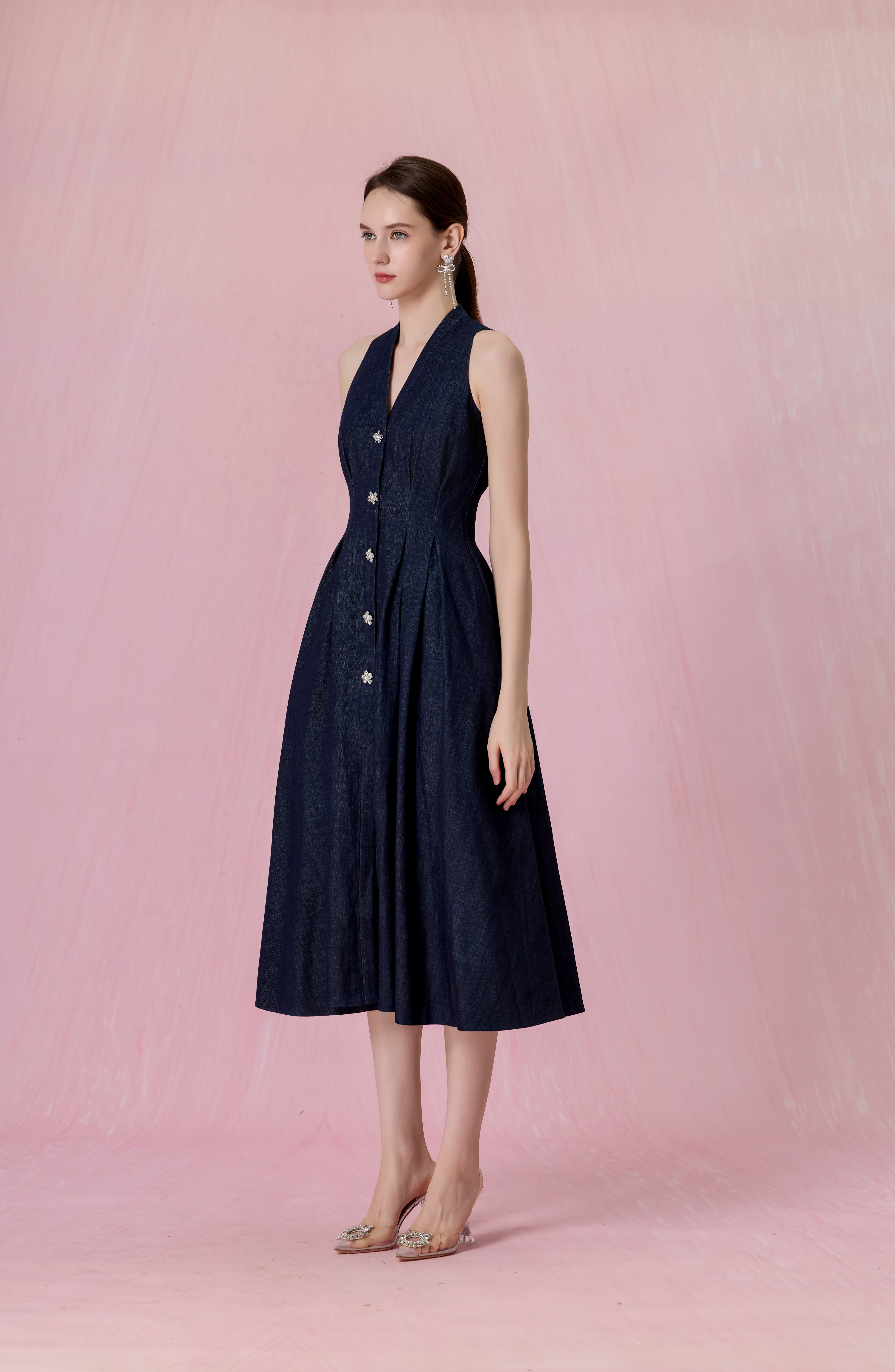 Cressentia Dark Blue Denim Halter Pleated Midi Dress