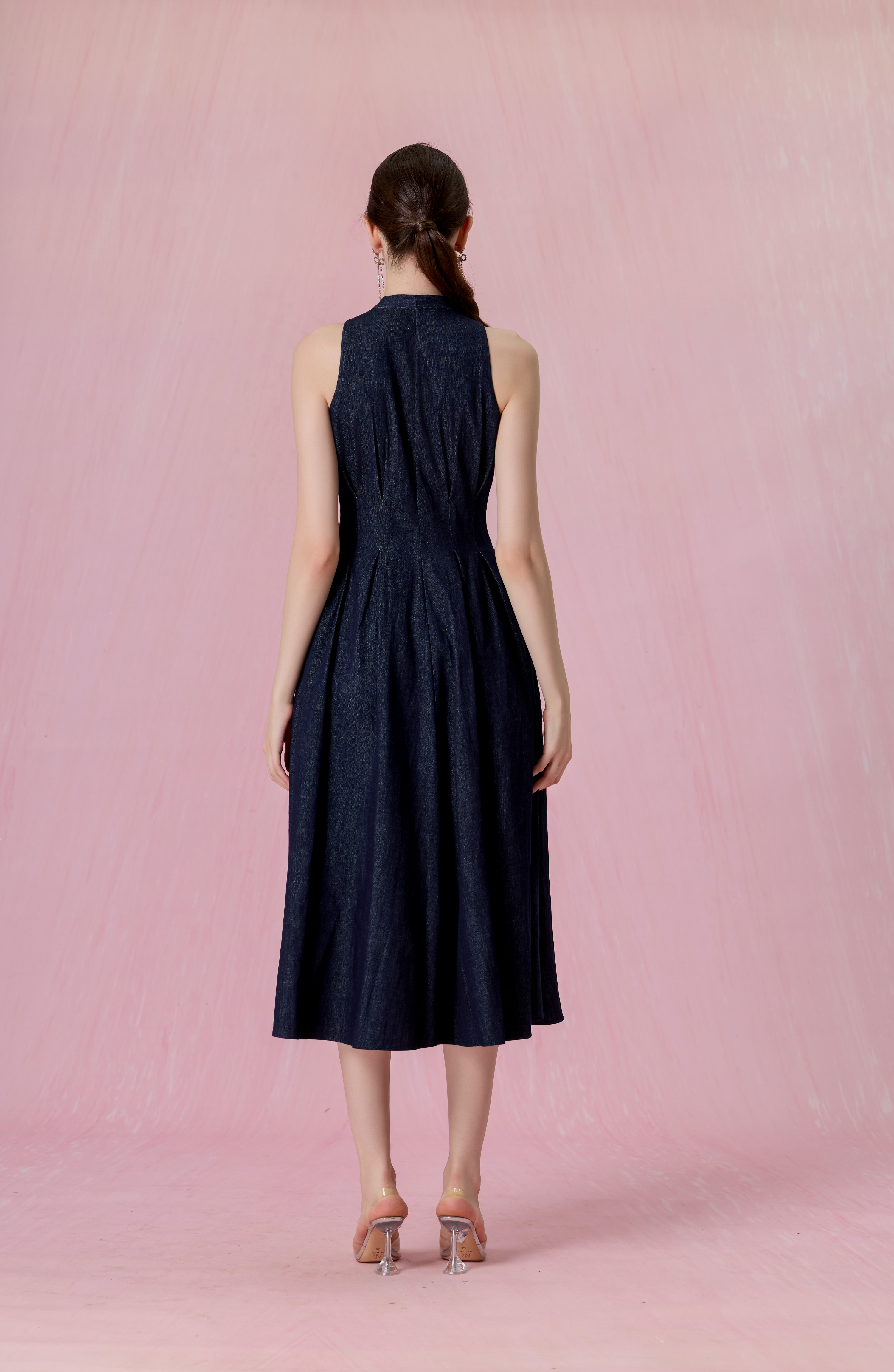 Cressentia Dark Blue Denim Halter Pleated Midi Dress