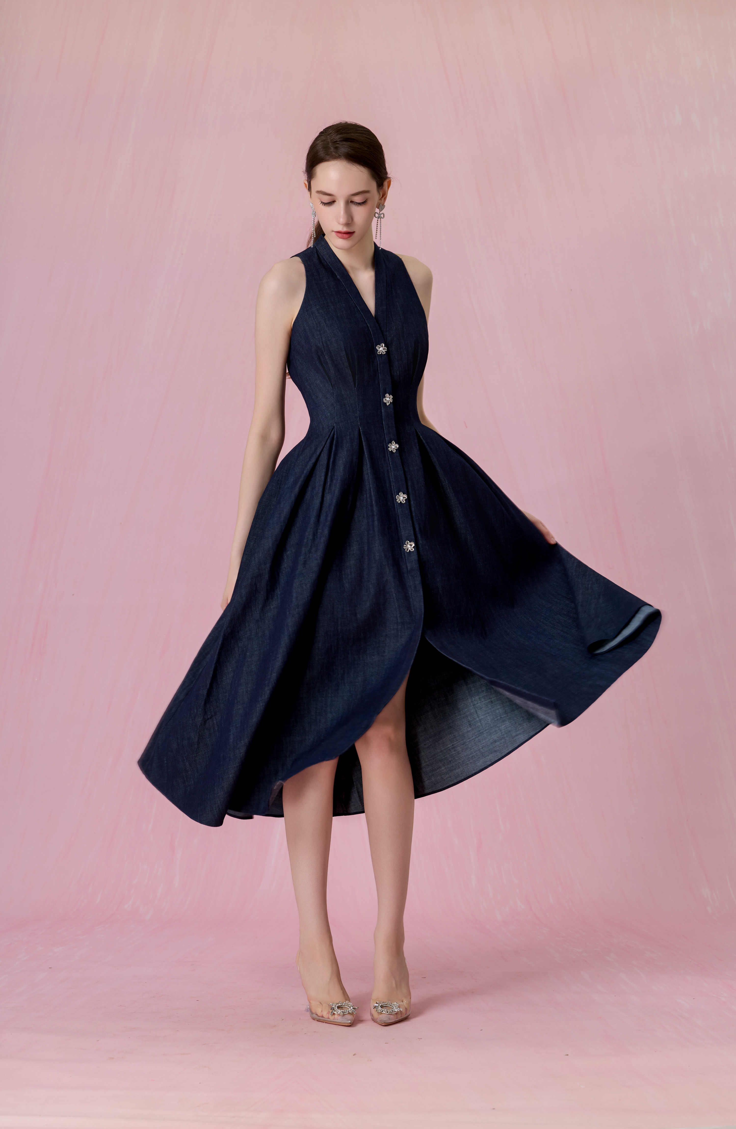 Cressentia Dark Blue Denim Halter Pleated Midi Dress