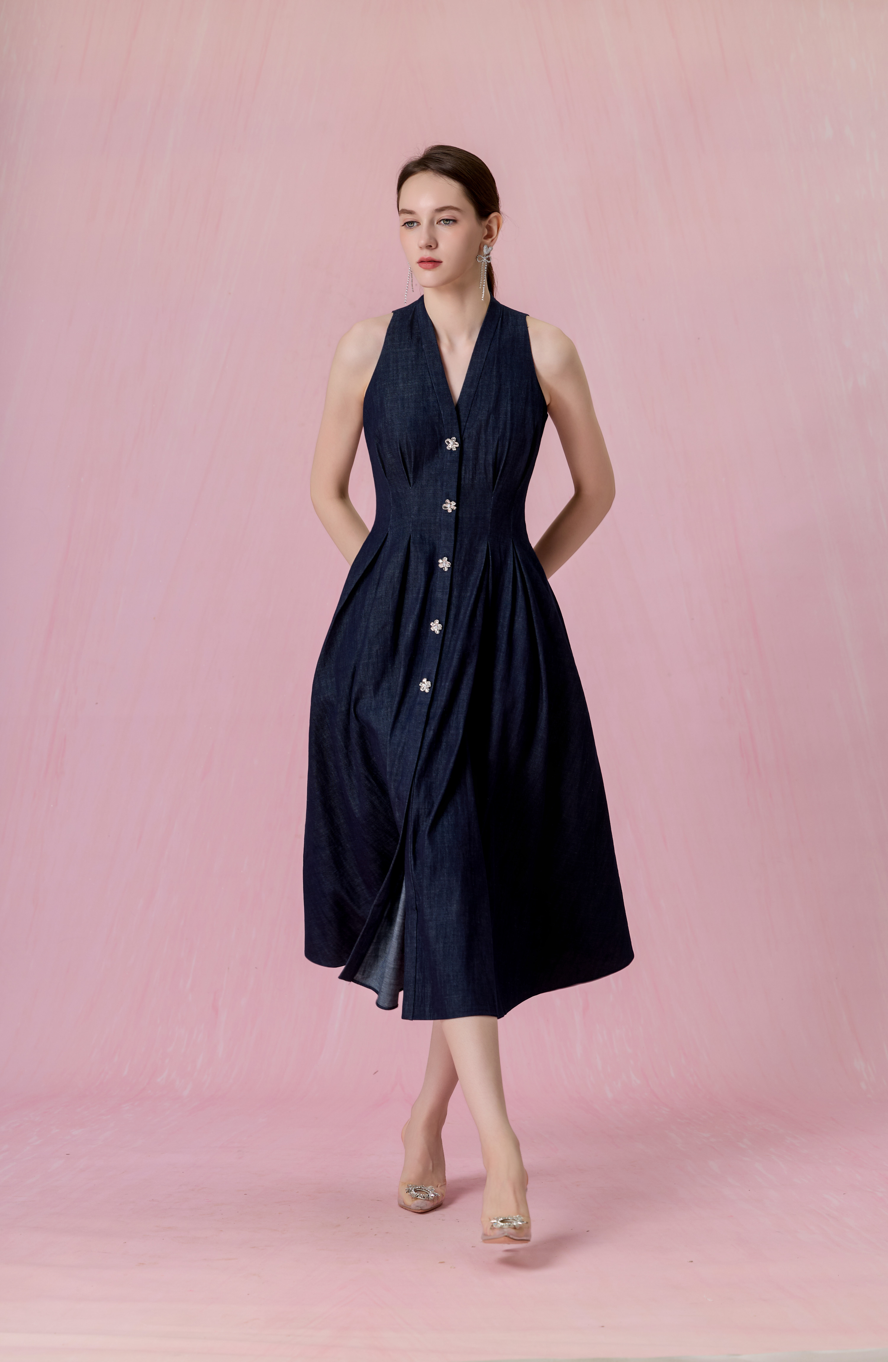 Cressentia Dark Blue Denim Halter Pleated Midi Dress