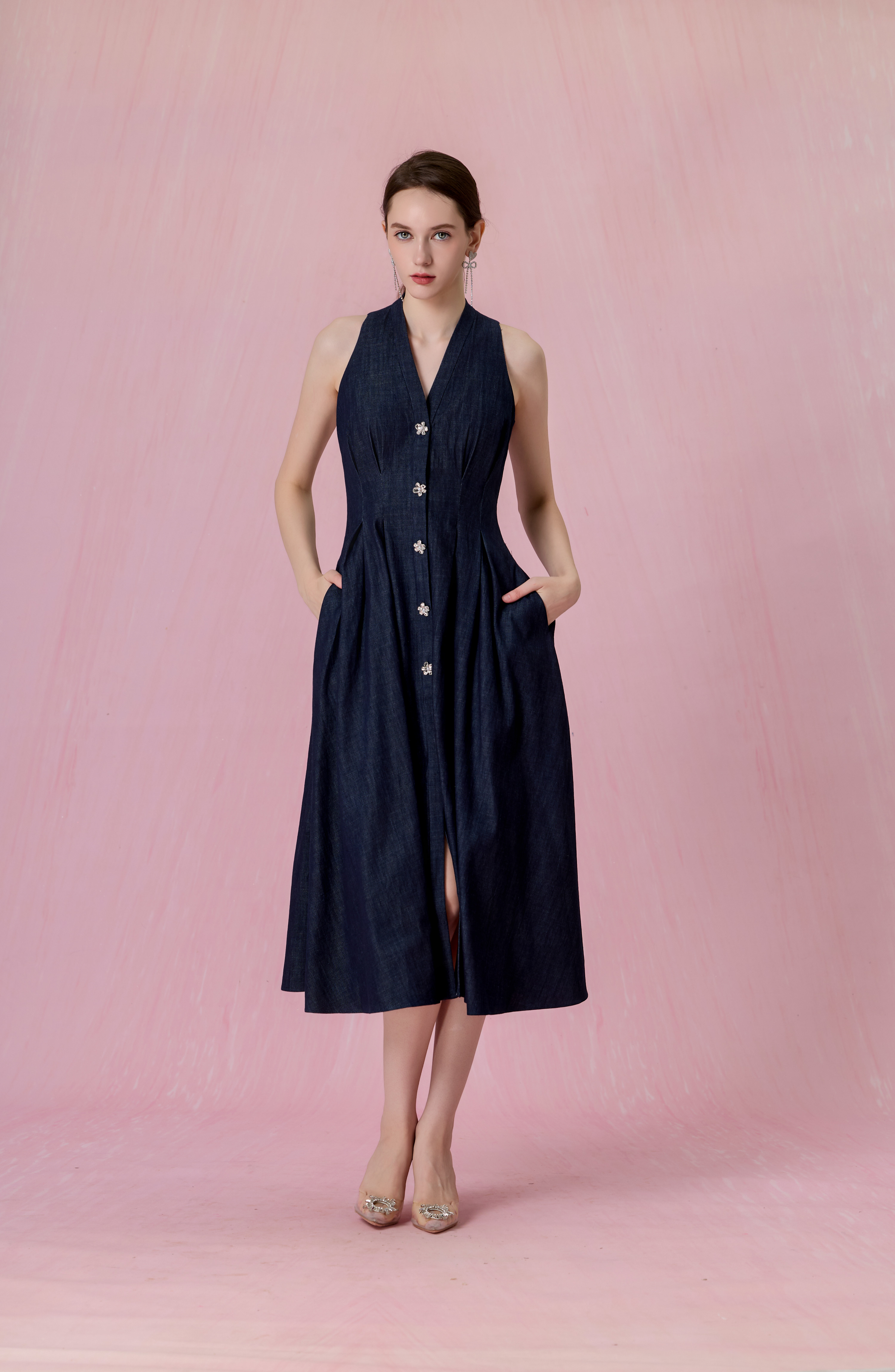 Cressentia Dark Blue Denim Halter Pleated Midi Dress