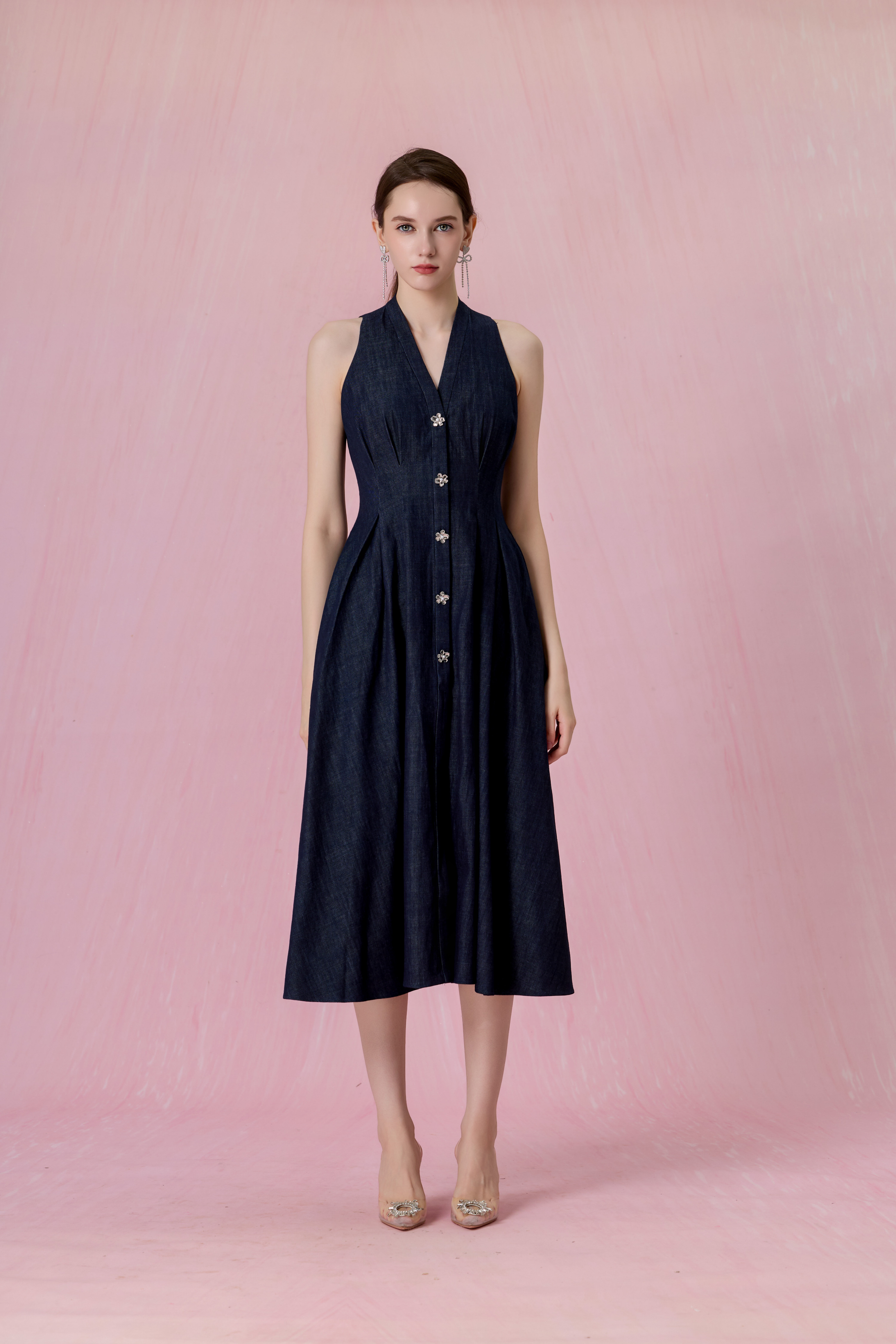 Cressentia Dark Blue Denim Halter Pleated Midi Dress
