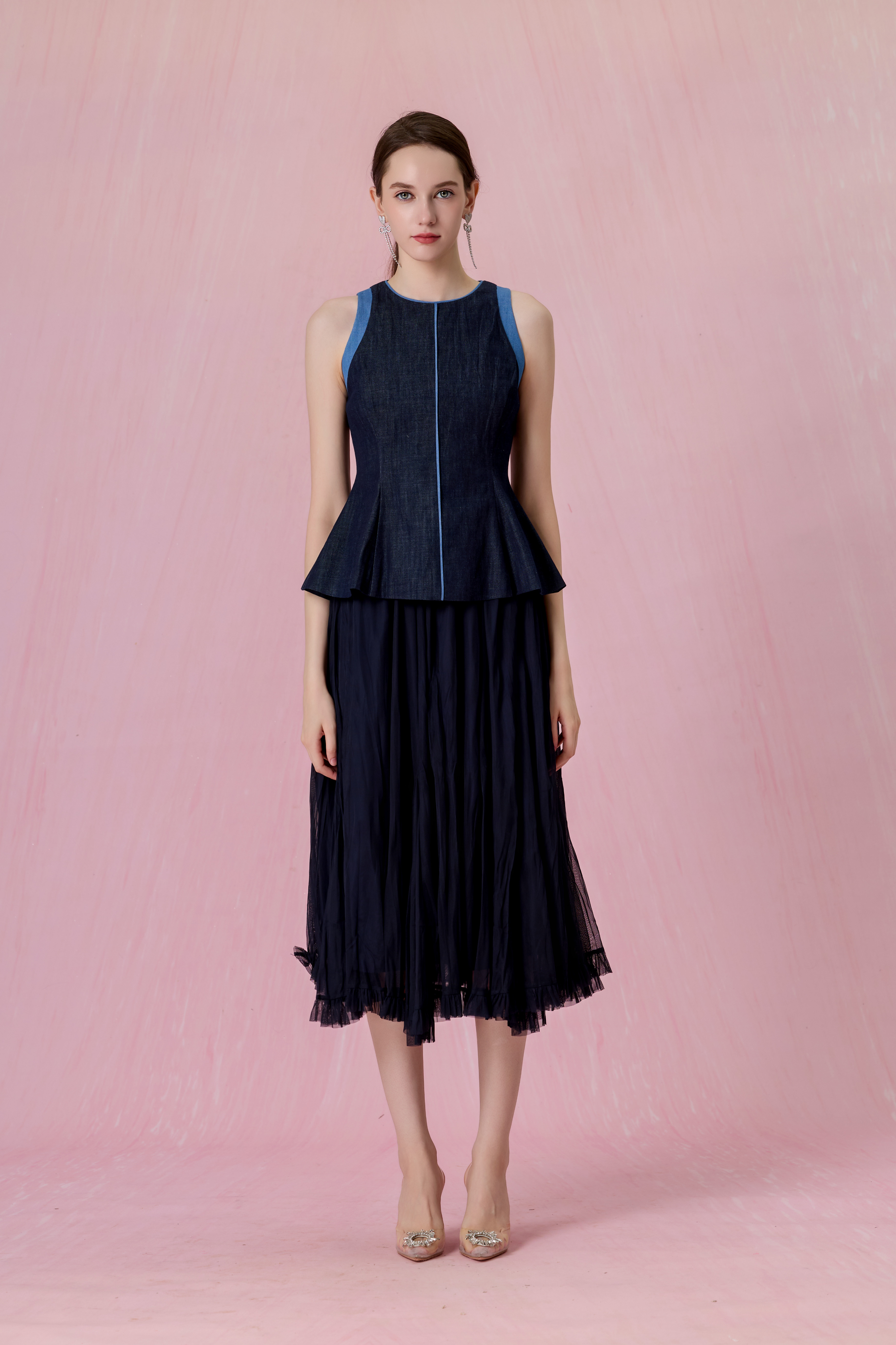 Cheryce Dark Blue Ruffled Sheer Mesh Maxi Skirt