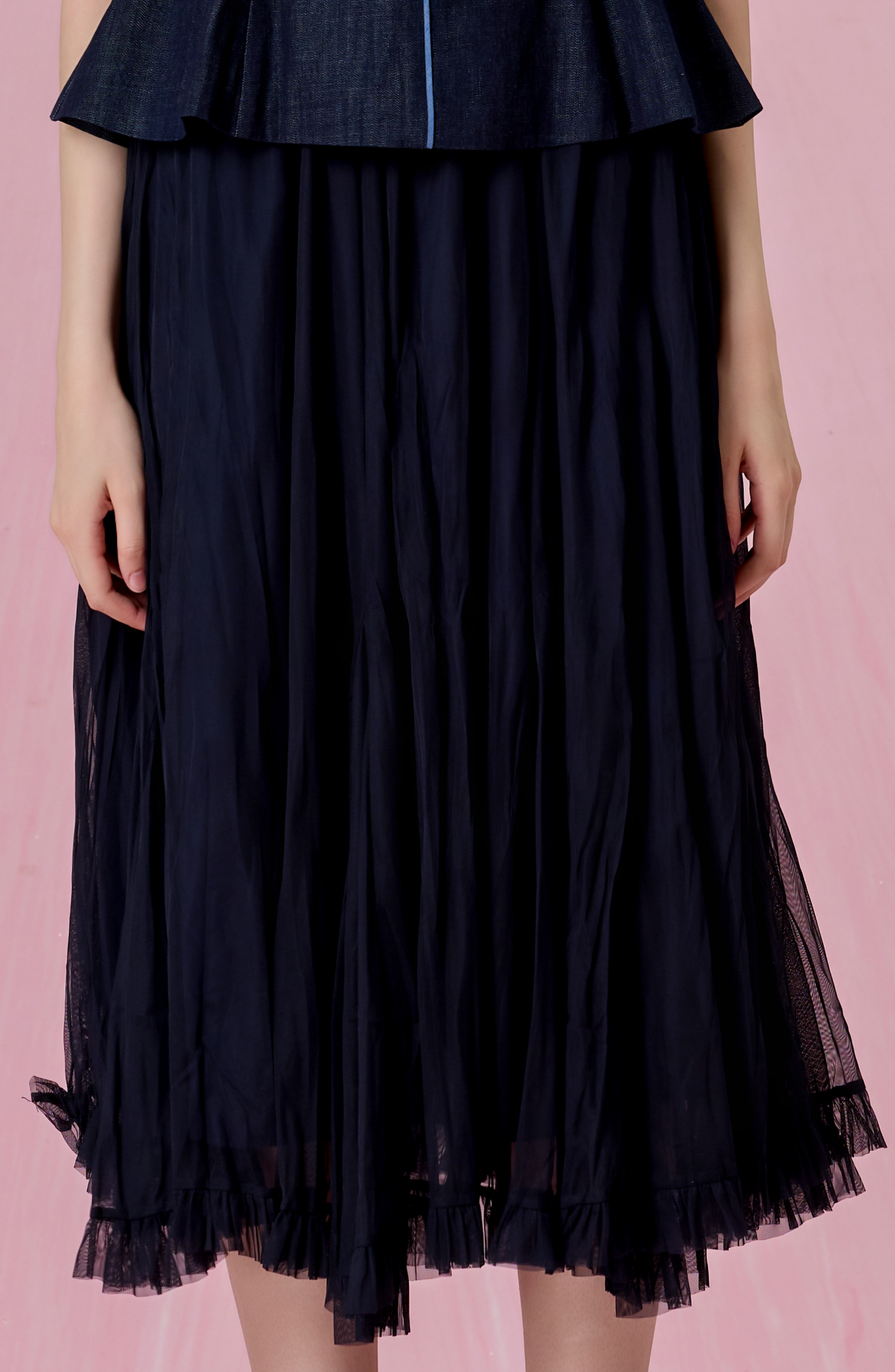 Cheryce Dark Blue Ruffled Sheer Mesh Maxi Skirt