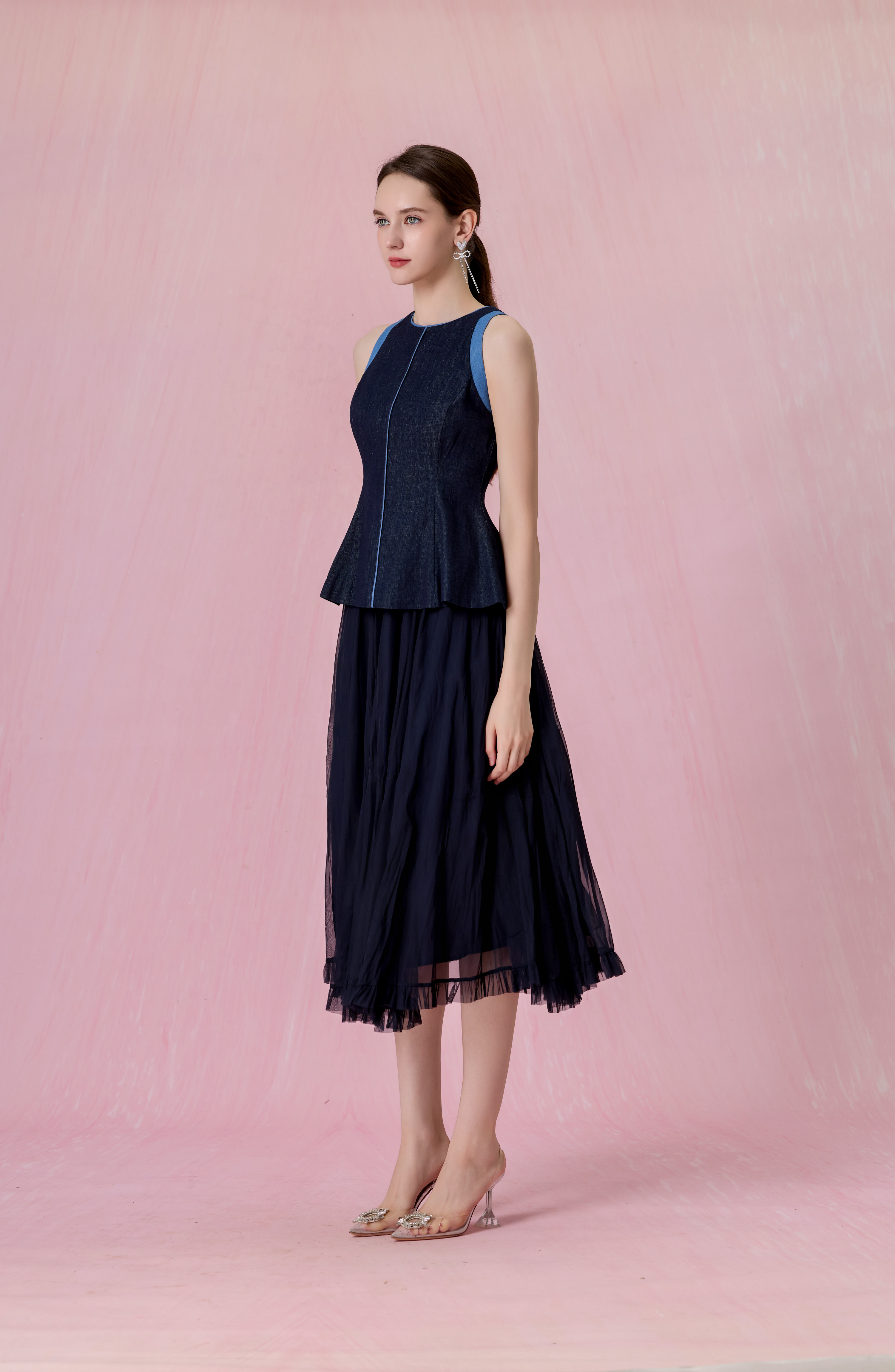 Cheryce Dark Blue Denim Contrast-Trim Peplum Top