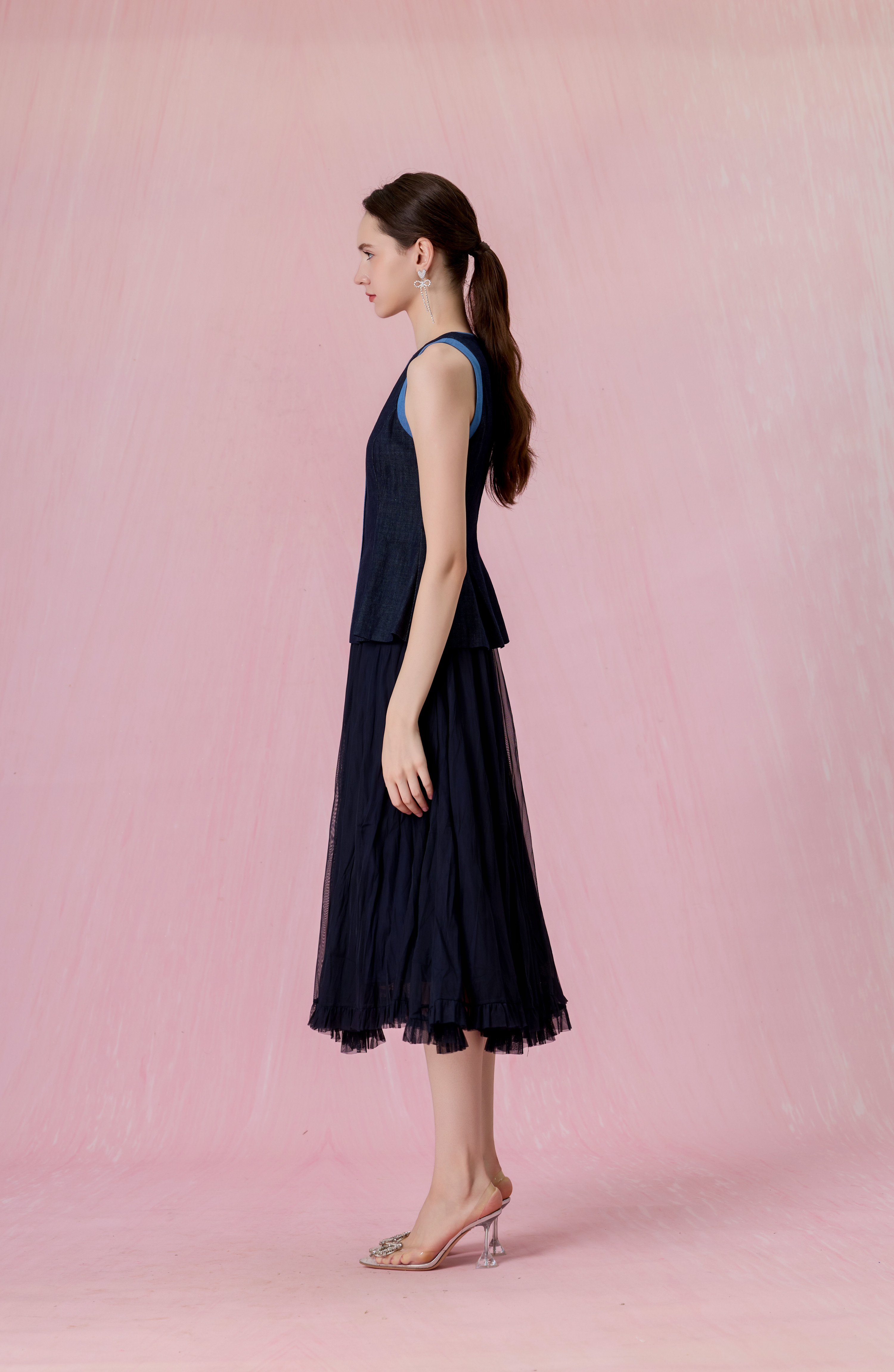 Cheryce Dark Blue Denim Contrast-Trim Peplum Top