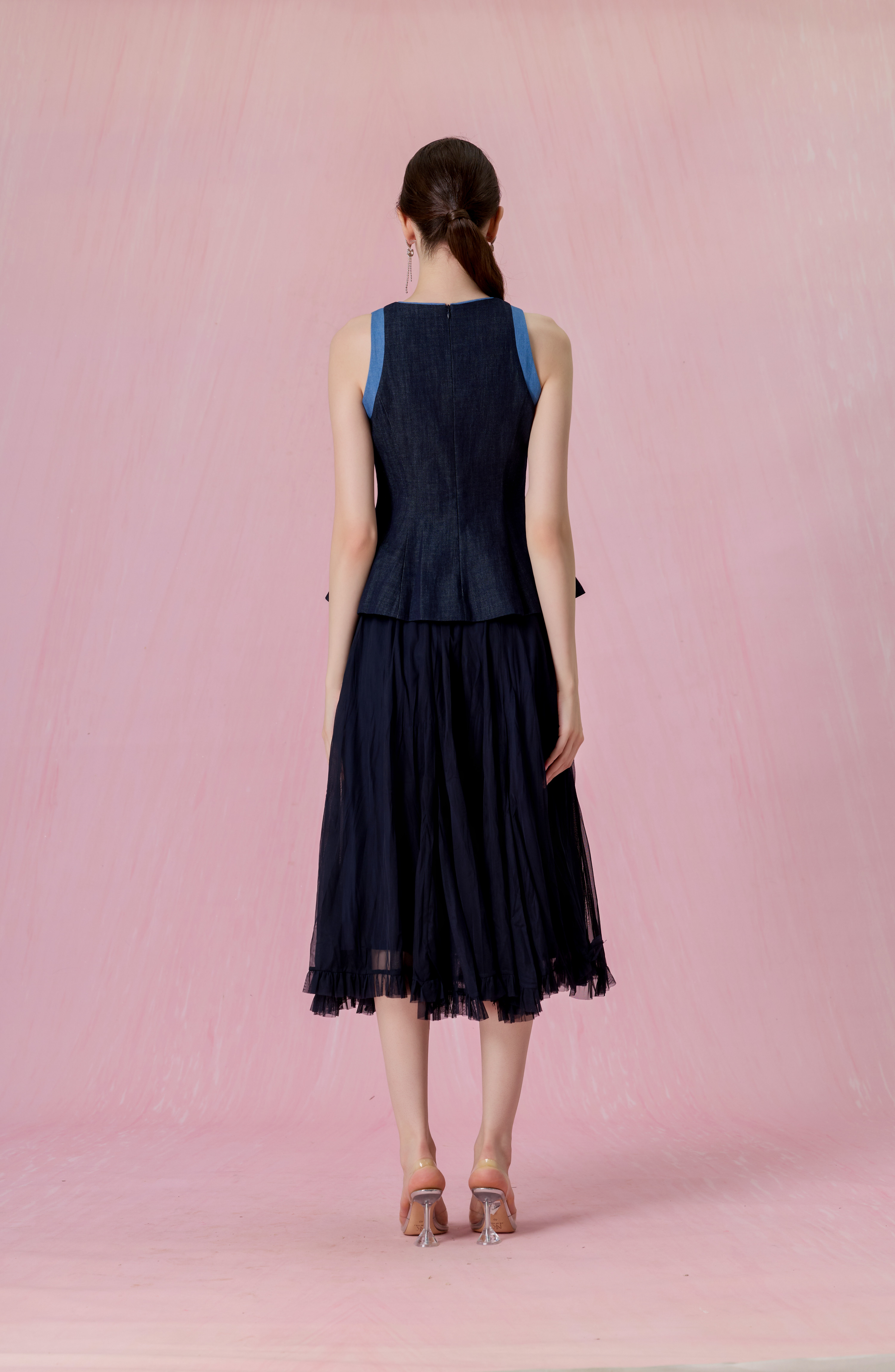 Cheryce Dark Blue Denim Contrast-Trim Peplum Top
