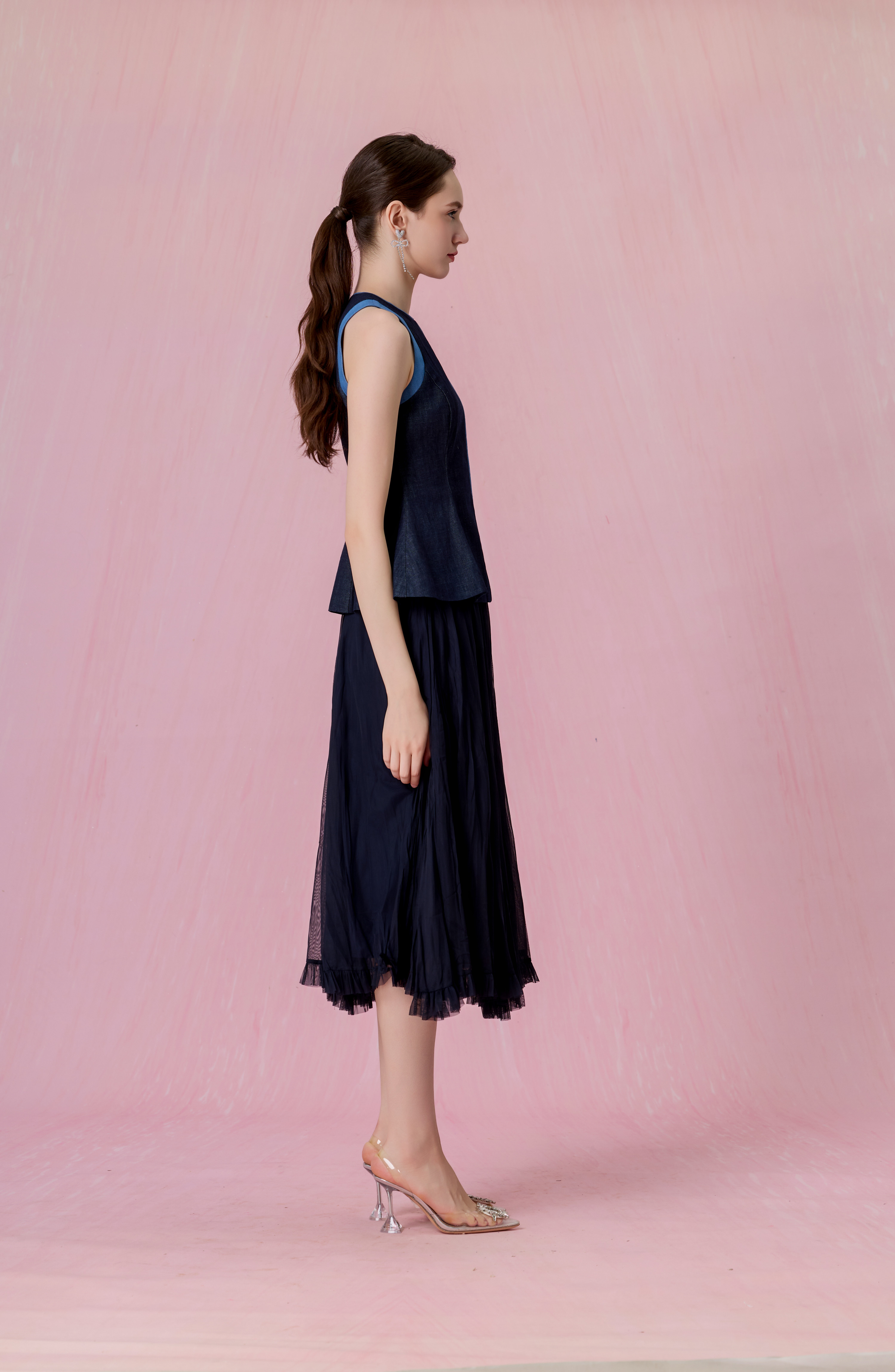 Cheryce Dark Blue Denim Contrast-Trim Peplum Top