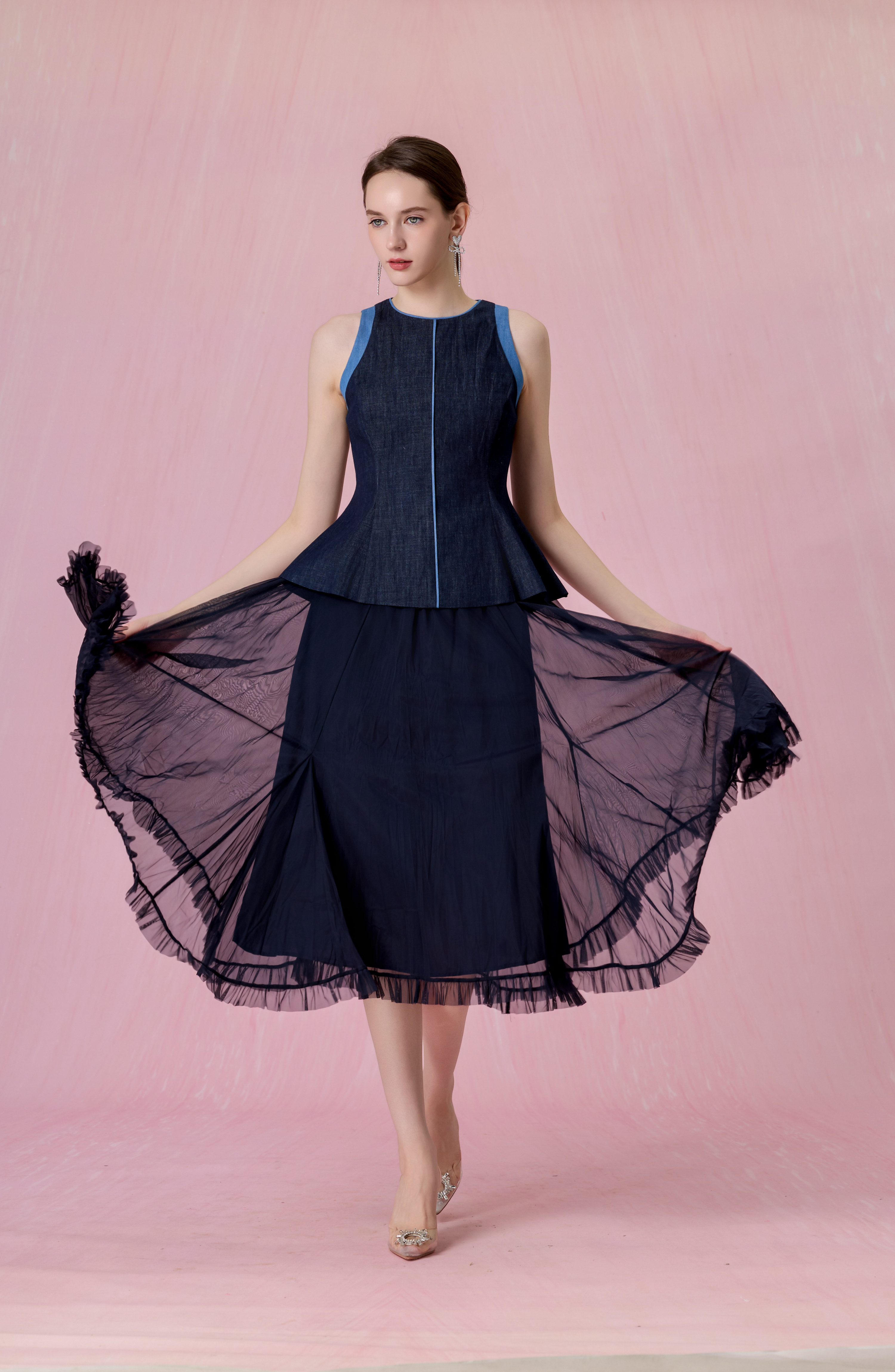 Cheryce Dark Blue Denim Contrast-Trim Peplum Top