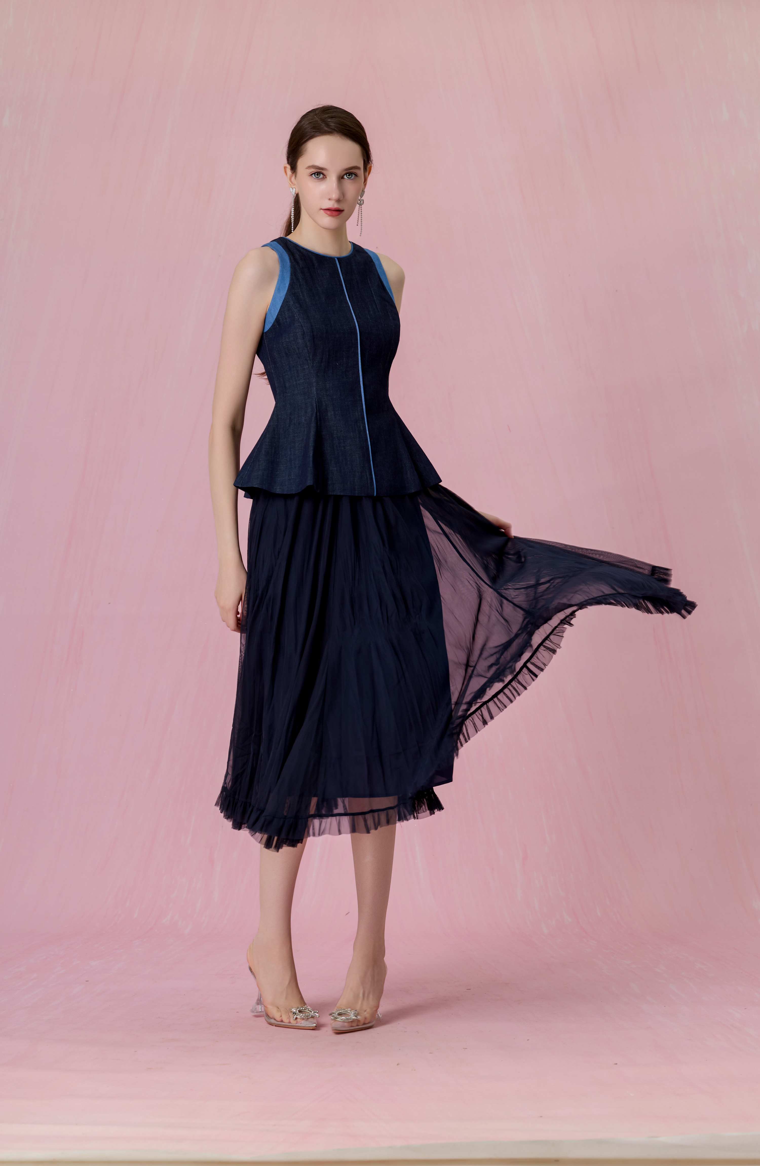 Cheryce Dark Blue Denim Contrast-Trim Peplum Top