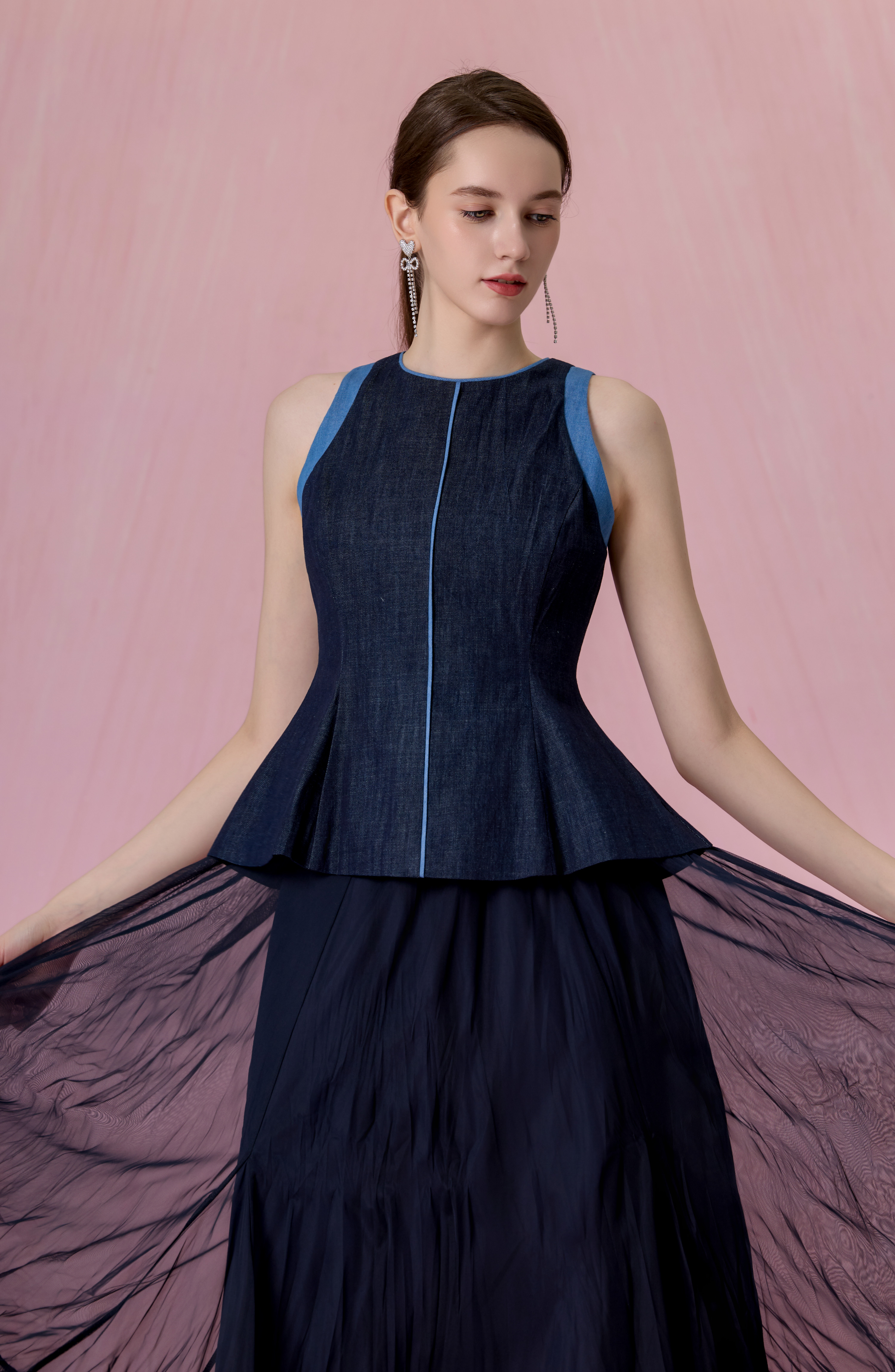 Cheryce Dark Blue Denim Contrast-Trim Peplum Top