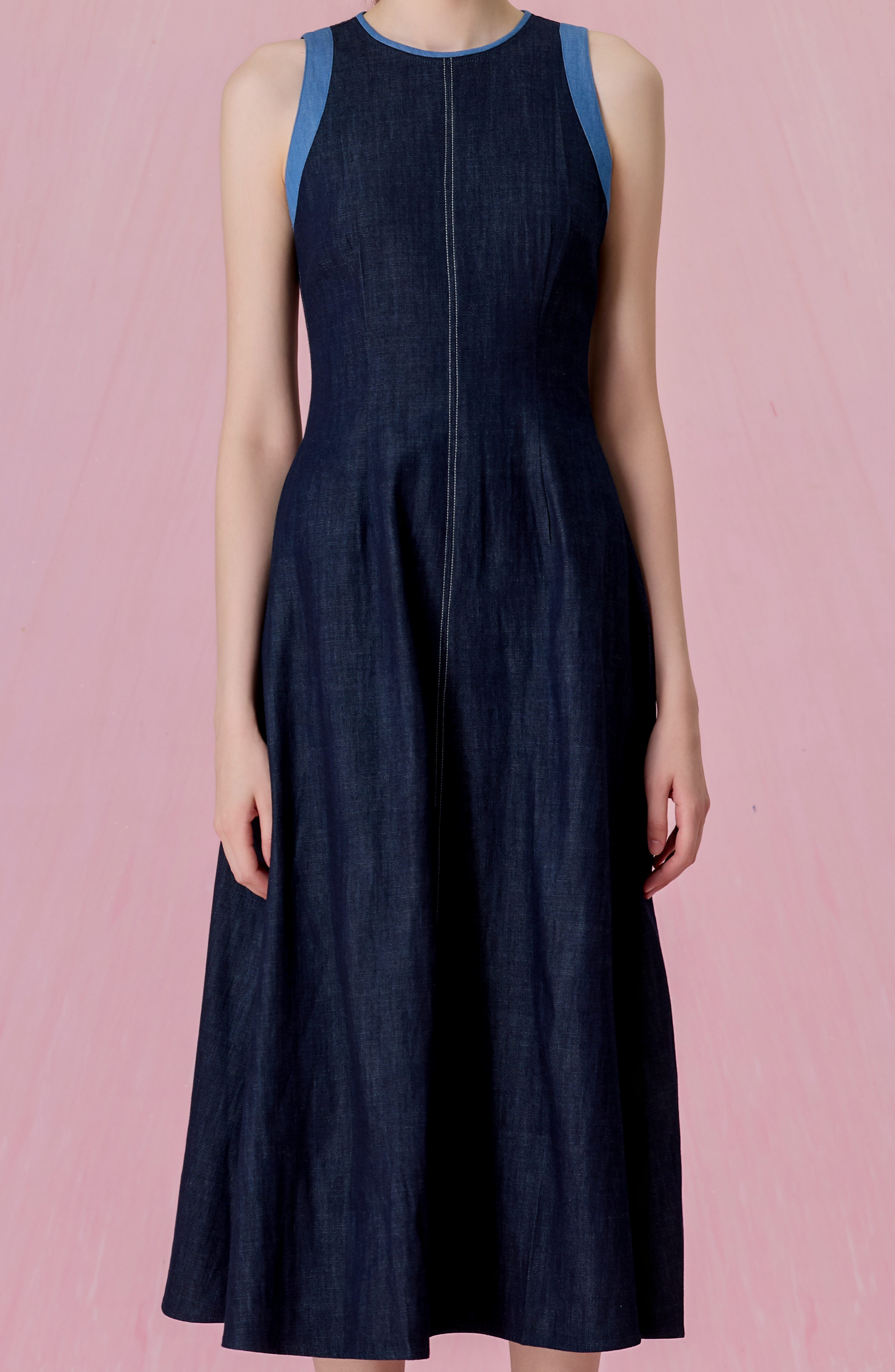 Cherye Dark Blue Denim Contrast-Trim Midi Dress