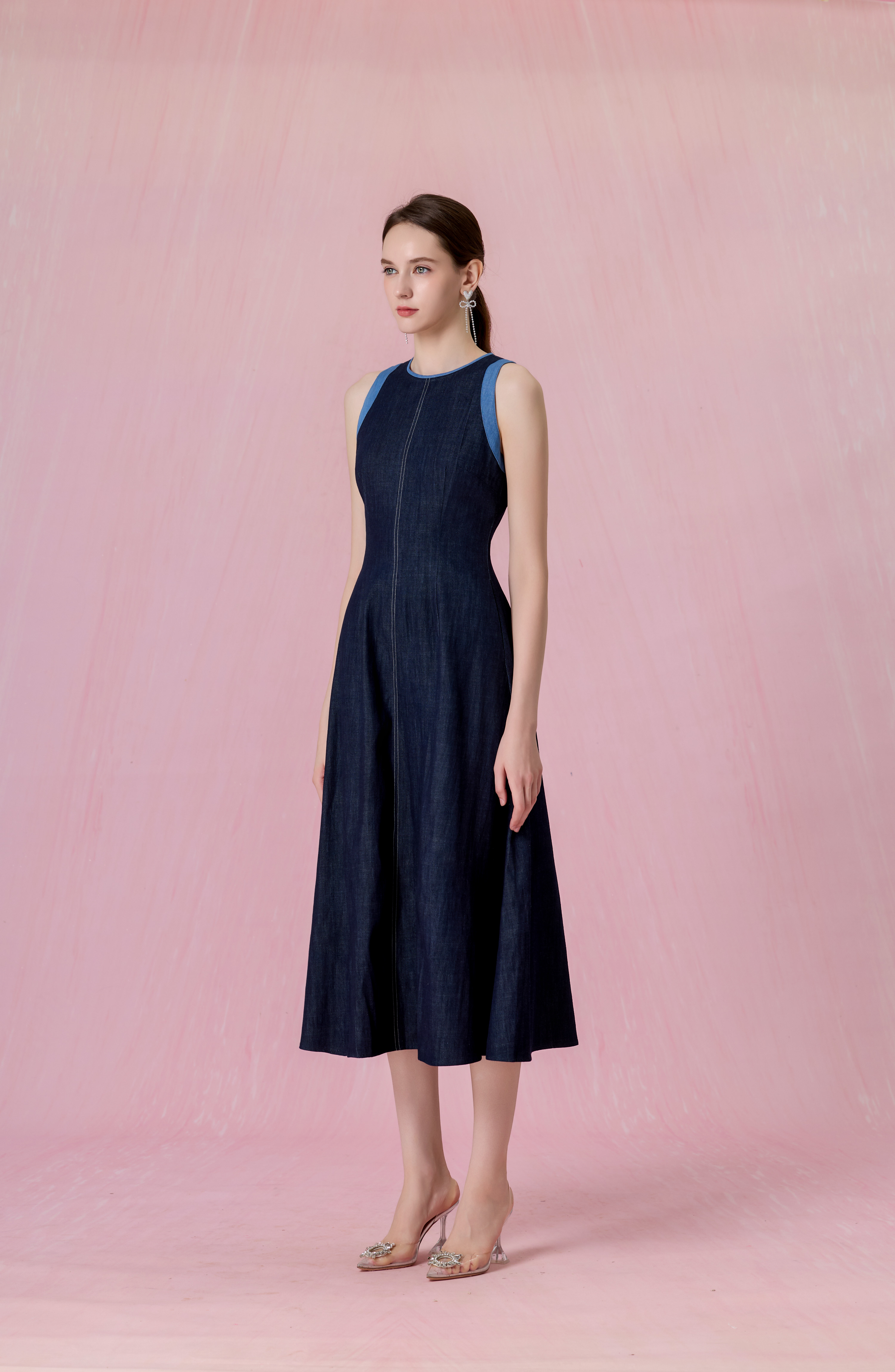 Cherye Dark Blue Denim Contrast-Trim Midi Dress