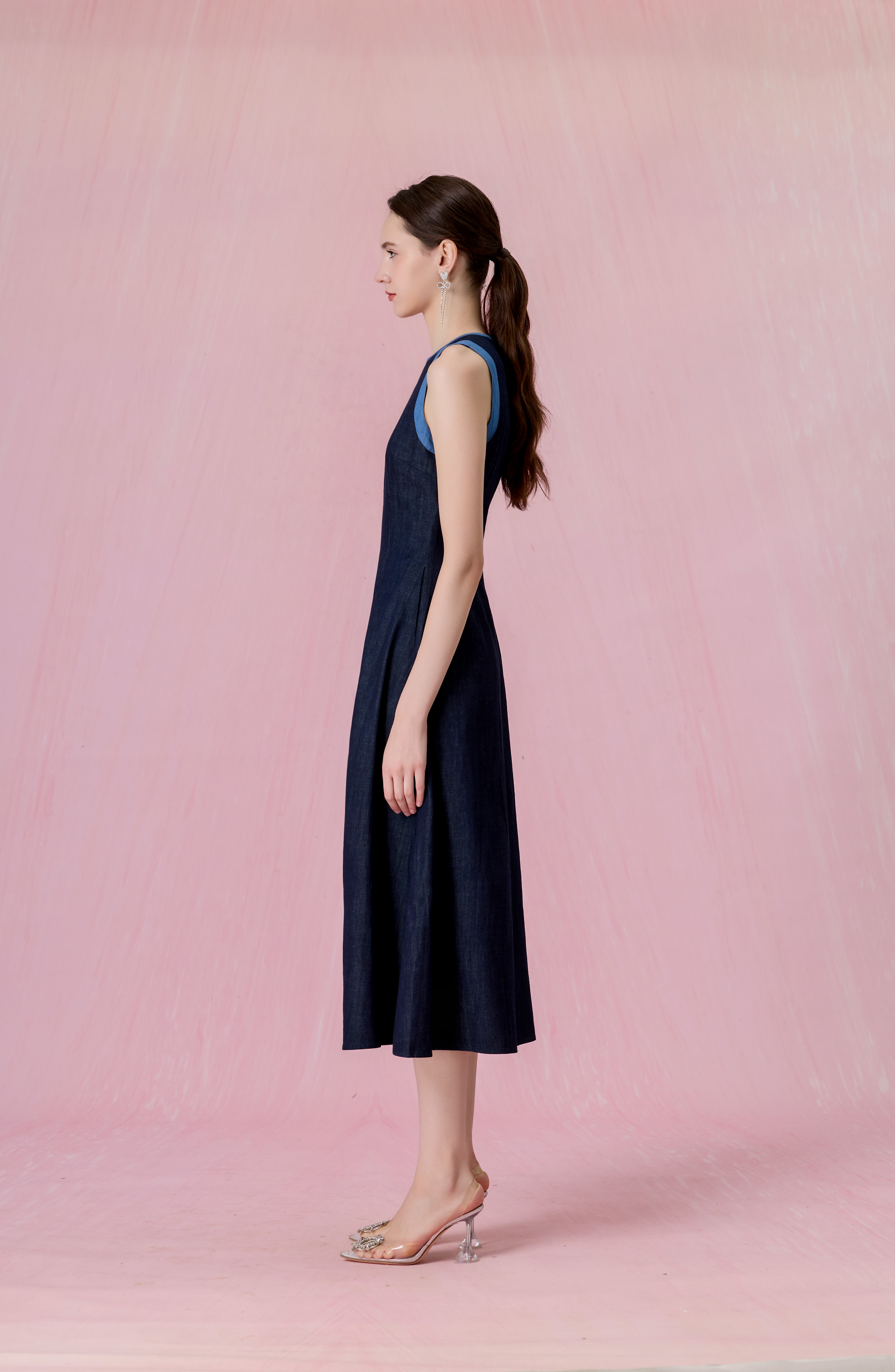 Cherye Dark Blue Denim Contrast-Trim Midi Dress