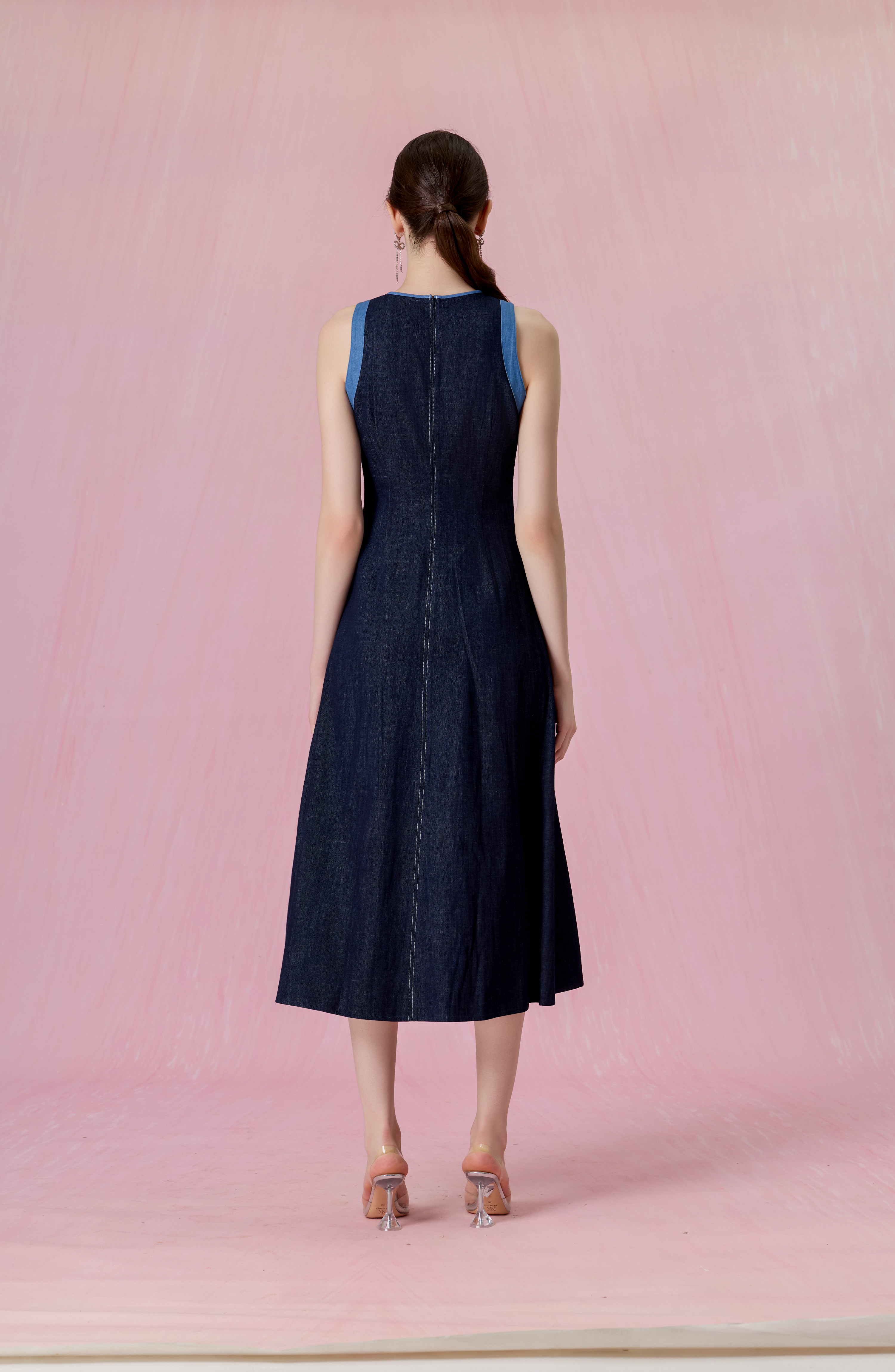 Cherye Dark Blue Denim Contrast-Trim Midi Dress