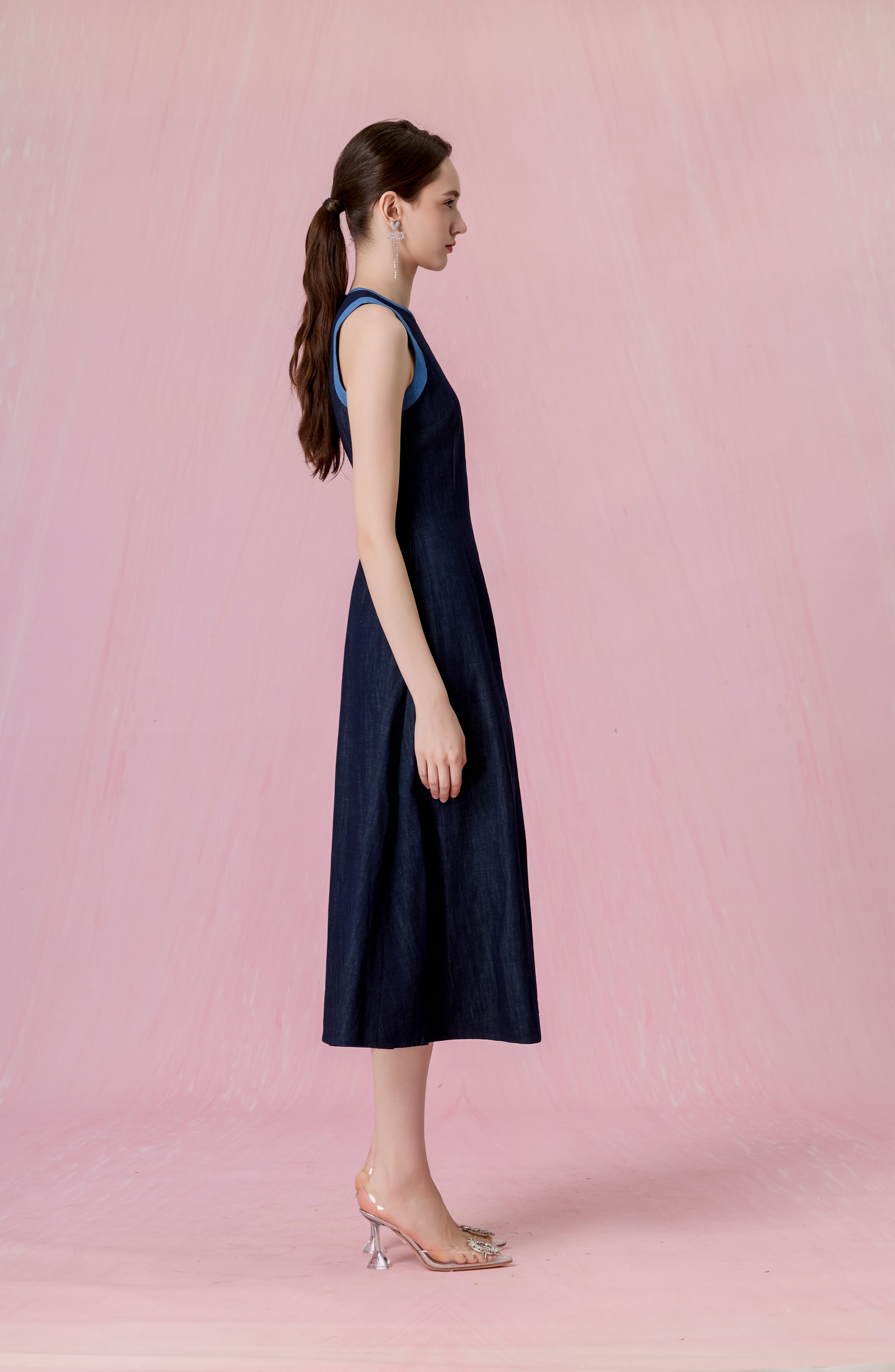Cherye Dark Blue Denim Contrast-Trim Midi Dress