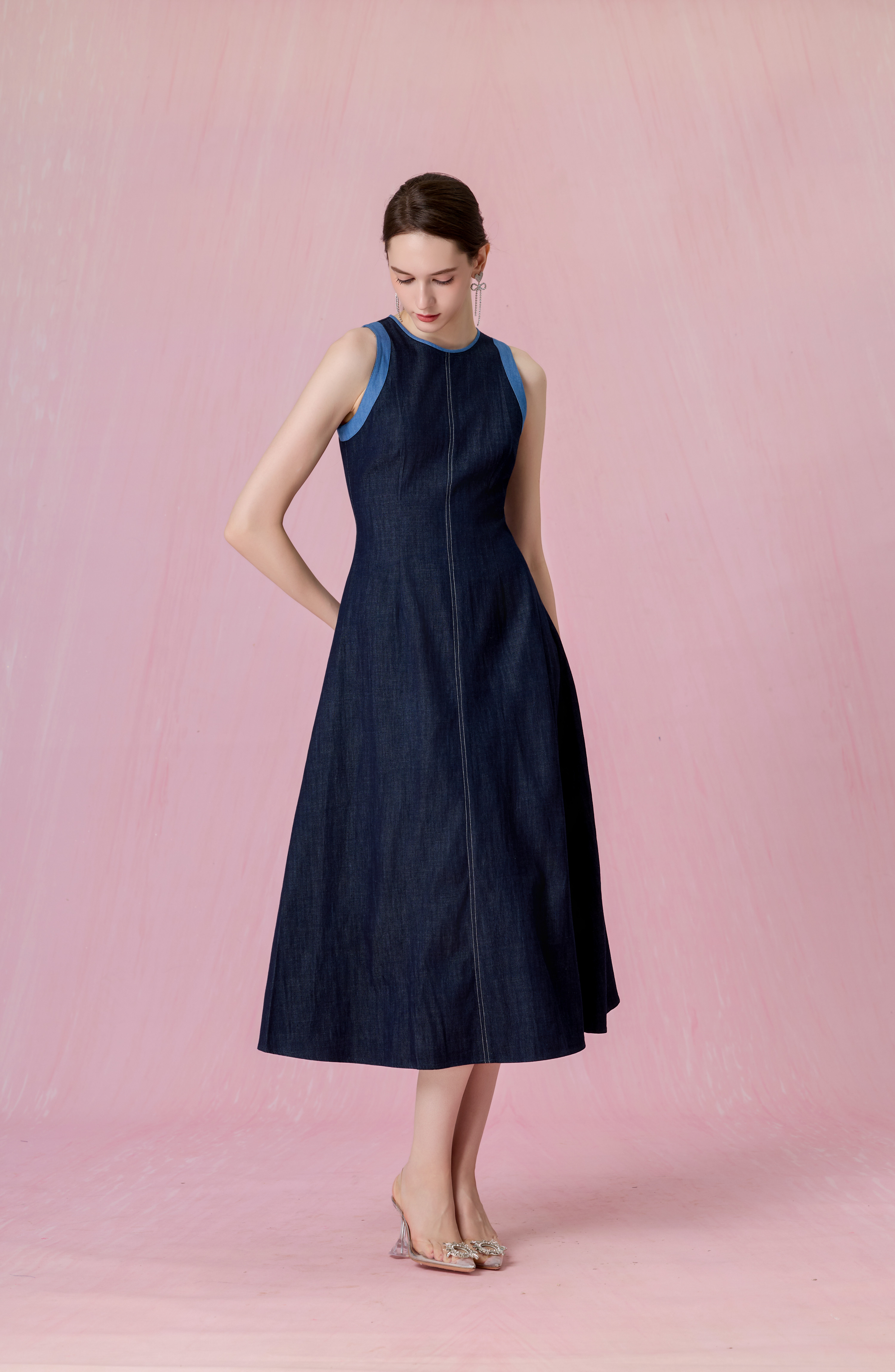 Cherye Dark Blue Denim Contrast-Trim Midi Dress
