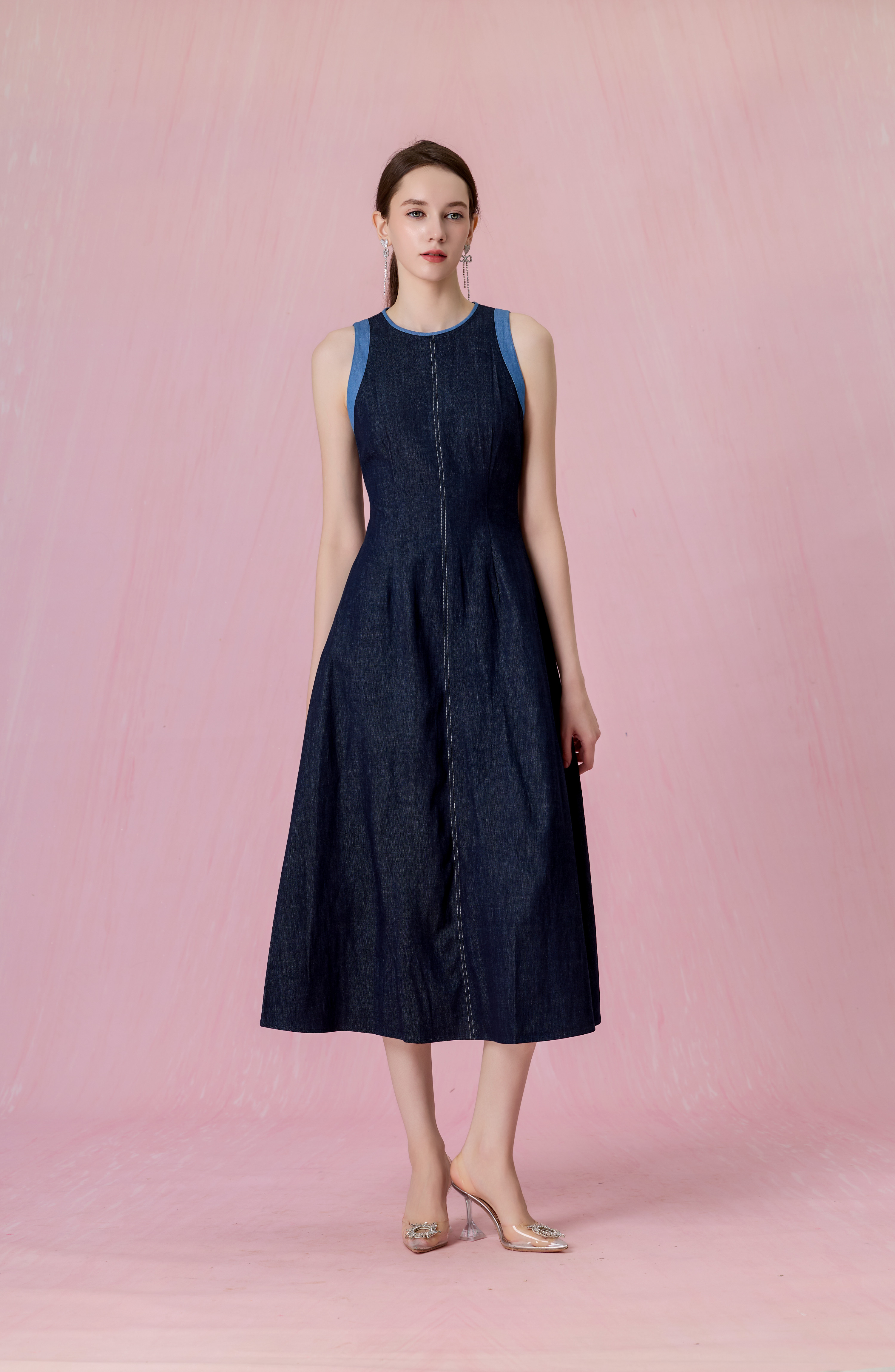 Cherye Dark Blue Denim Contrast-Trim Midi Dress