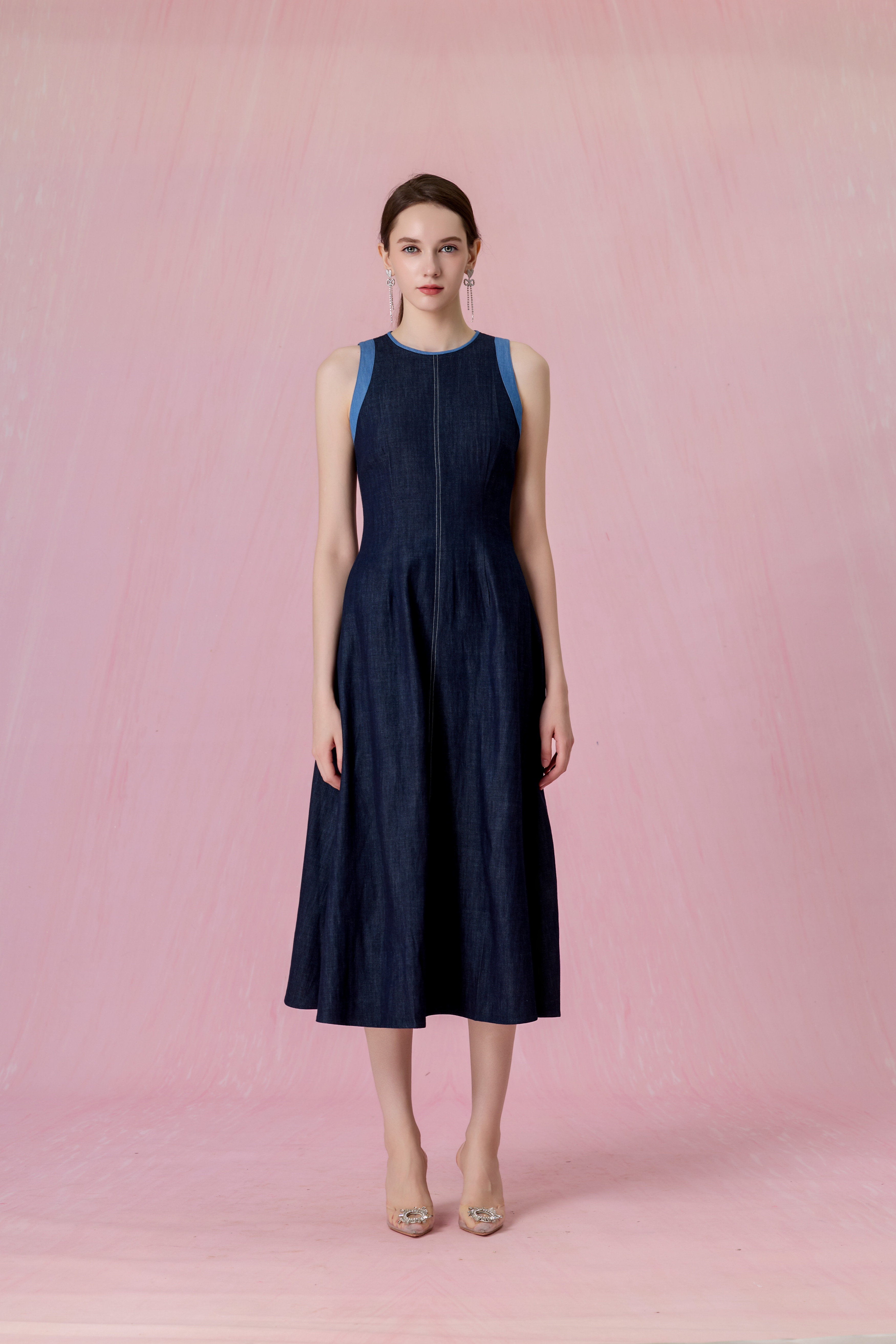 Cherye Dark Blue Denim Contrast-Trim Midi Dress