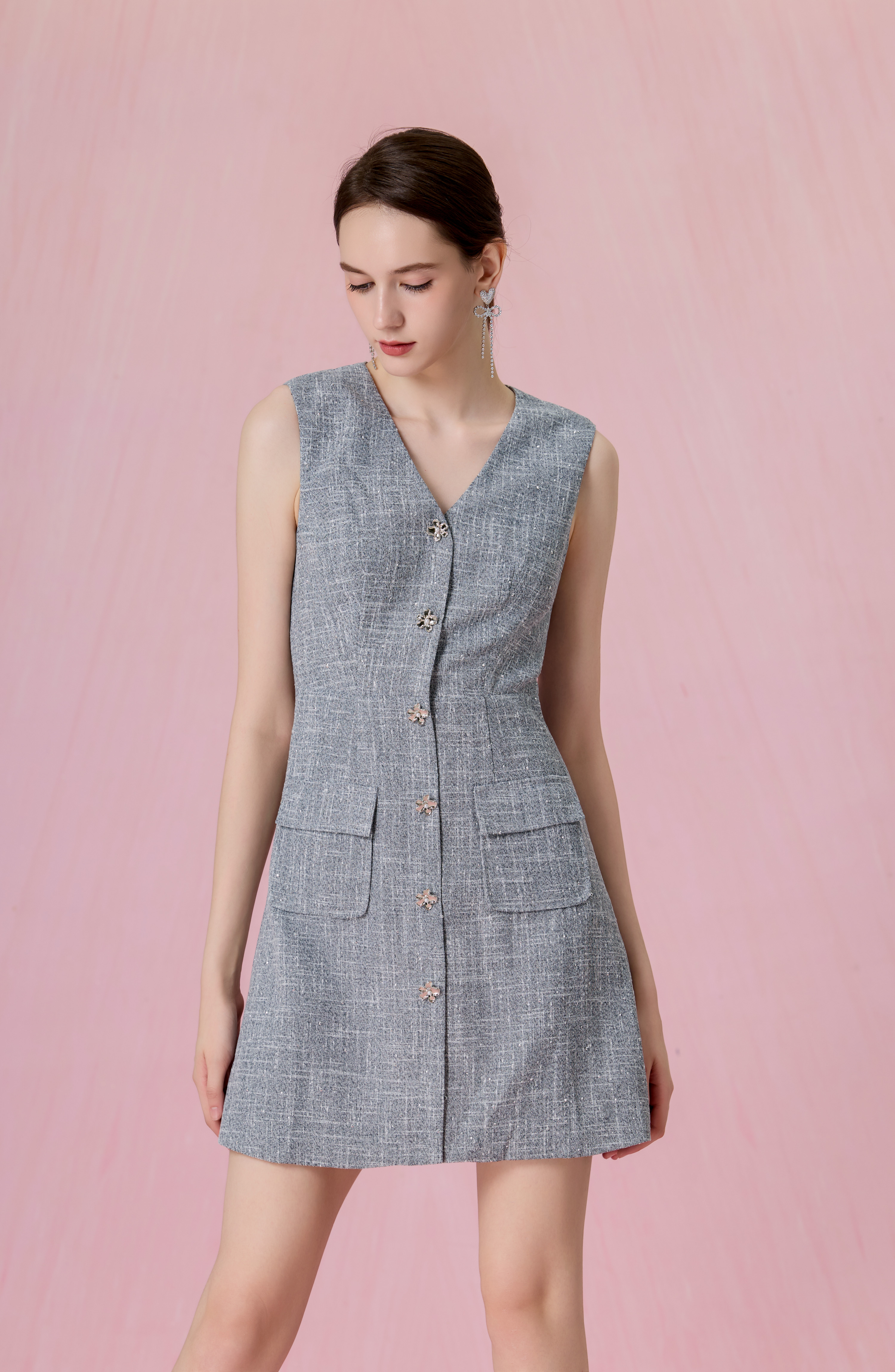 Cheresse Grey Tweed Sleeveless A-Line Dress