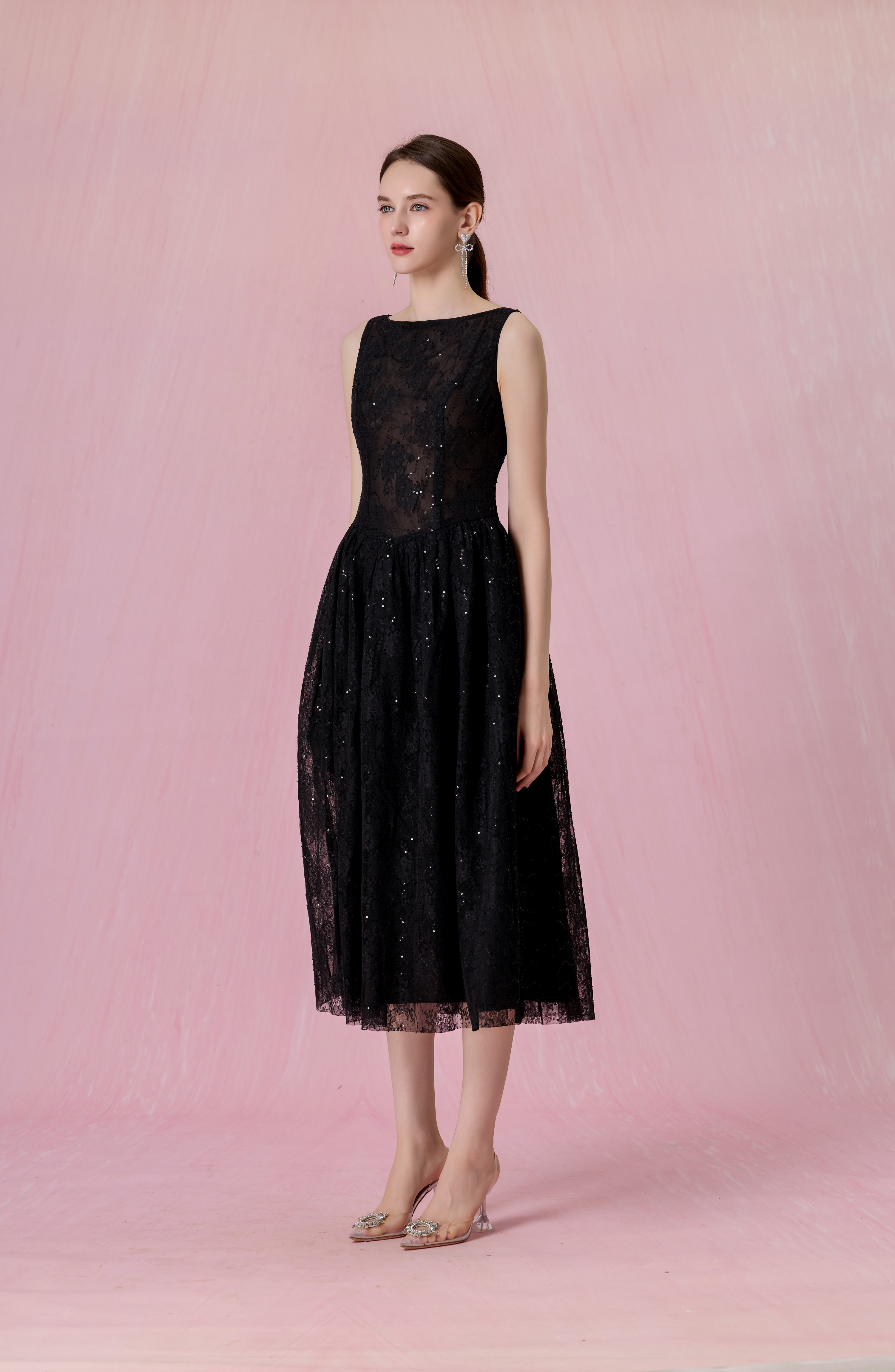 Cherina Black Sheer Lace A-Line Dress